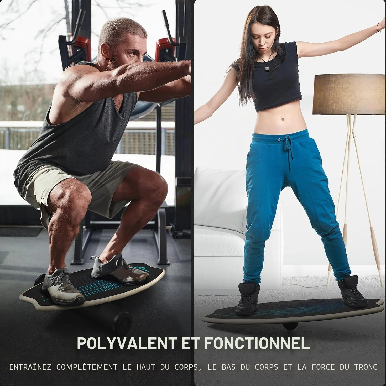 Sportneer Planche d'équilibre 7 modes avec arrêts réglables, rouleau et balle 7,1 cm