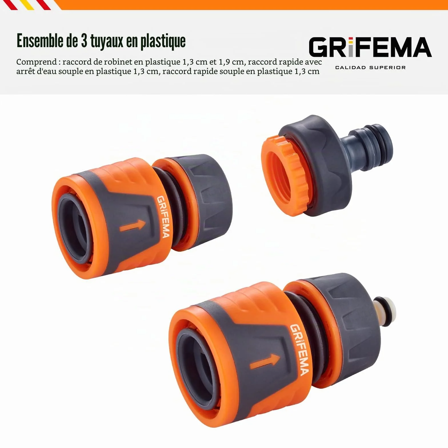 GRIFEMA GE1103 Kit de Raccordement de Robinet Jardin Connecteur Waterstop 1/2" Connexion Rapide Femelle 3/4" Gris Orange