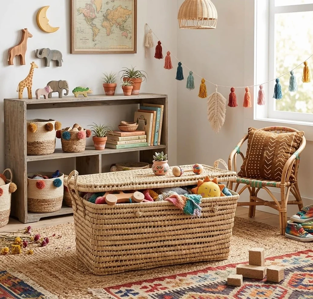 Coffre de Rangement Osier Tressé 80cm Déco Bohème Chic