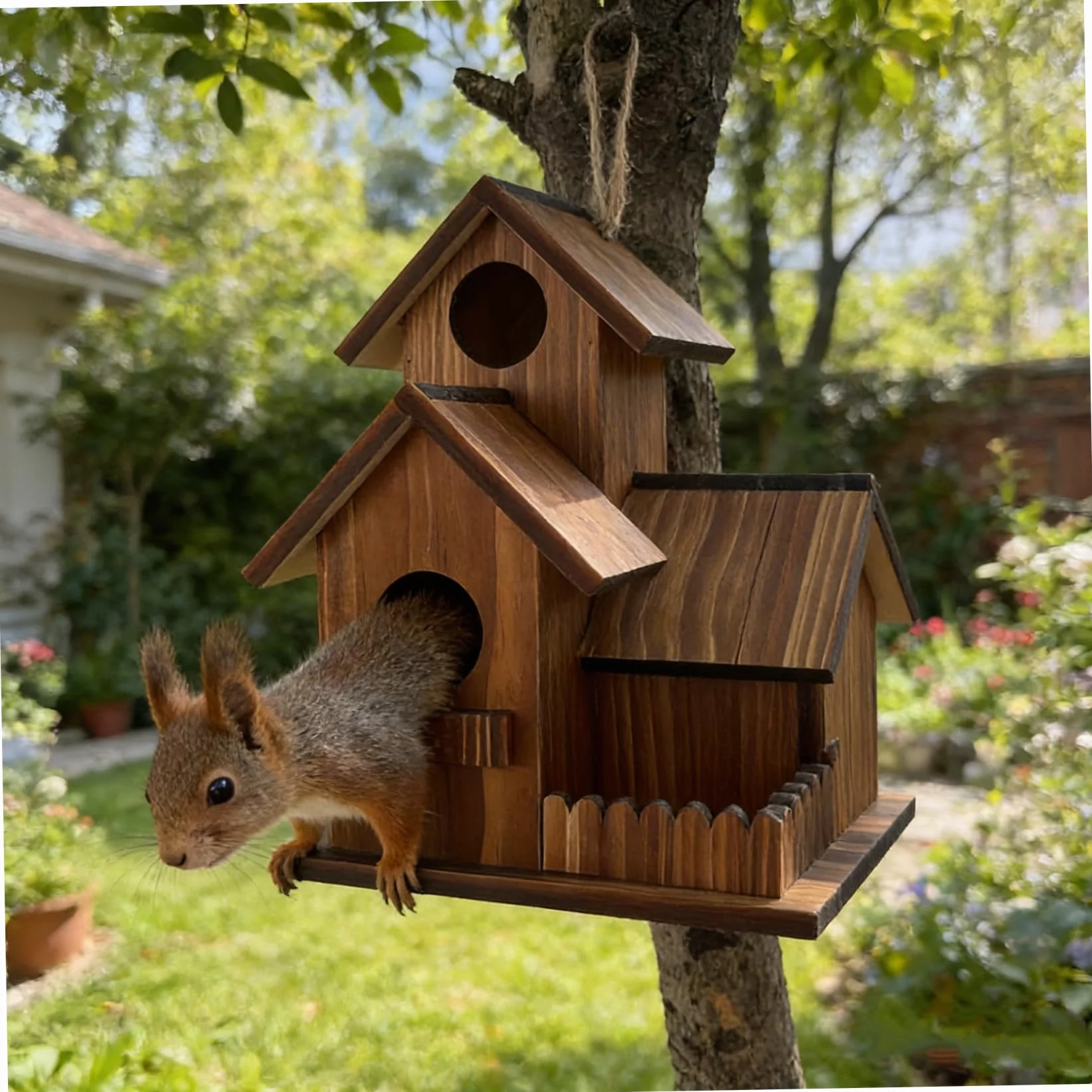 Mangeoire à écureuils en Bois brûlé avec Toit Flexible pour Jardin, Cour