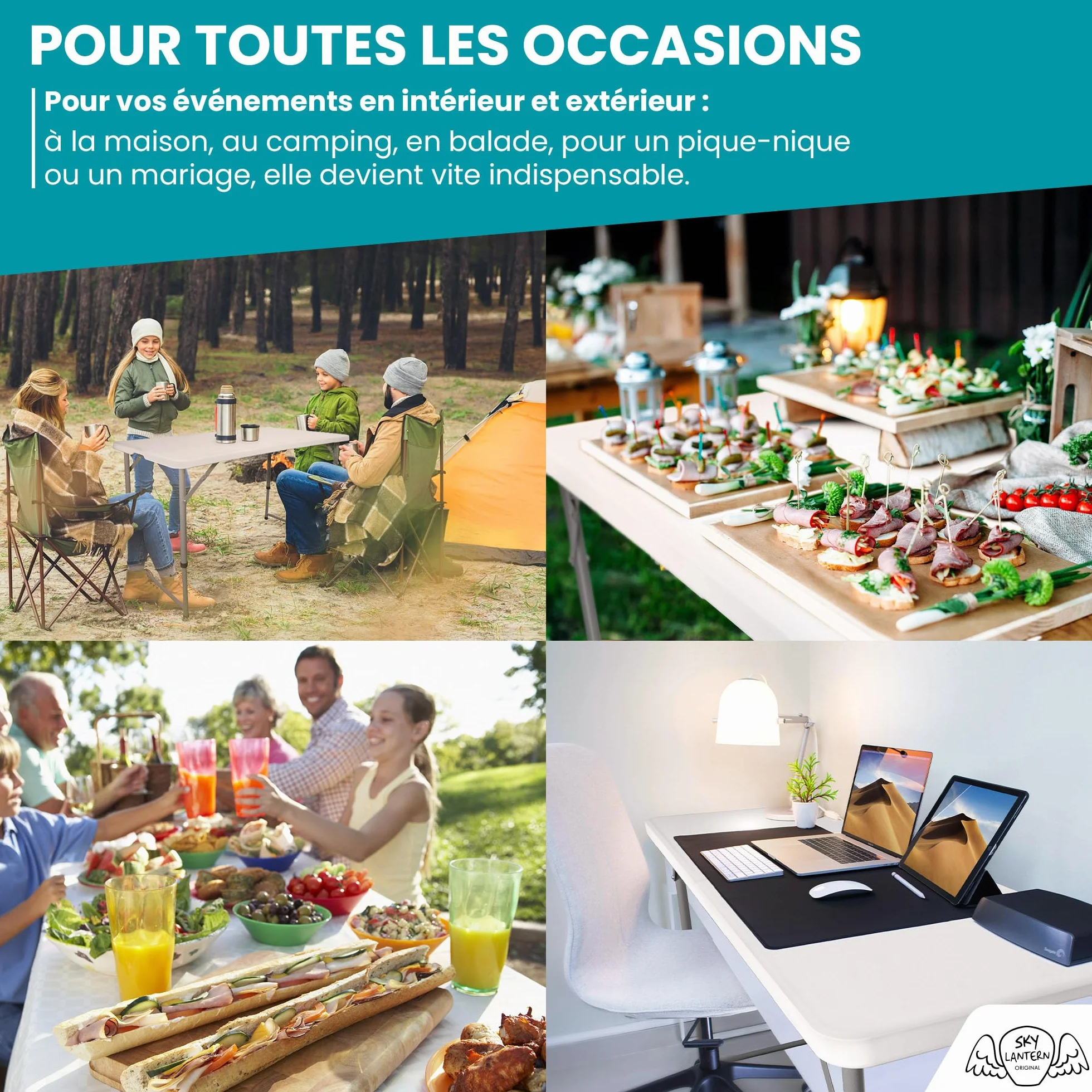 SKYLANTERN® Table Pliante 120 cm Rectangulaire Blanche Hauteur Réglable Table de Camping 6 Personnes HDPE
