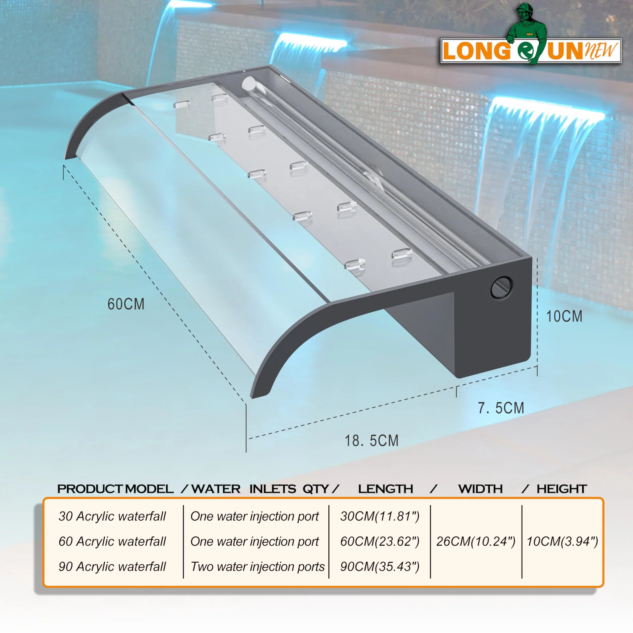 Kit de lames de cascade pour étang en acrylique 60 cm largeur 18 cm bec courbé