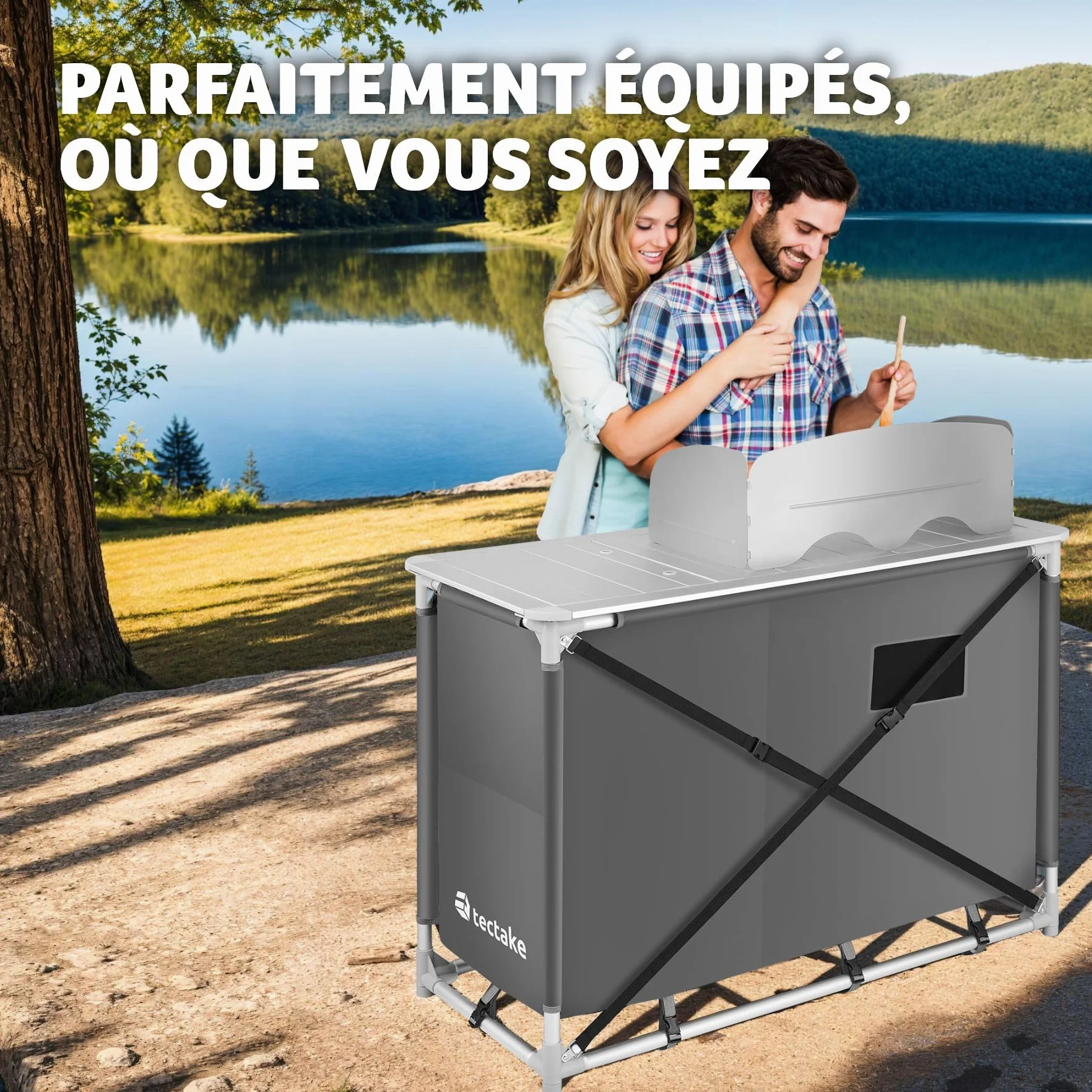 tectake® Meuble de Rangement Cuisine de Camping Pliable en Aluminium, avec Étagères, Plan de Travail, Pieds réglables, Sac de Transport Inclus, Stockage pour Vaisselle, Accessoires Cuisine, Aliments