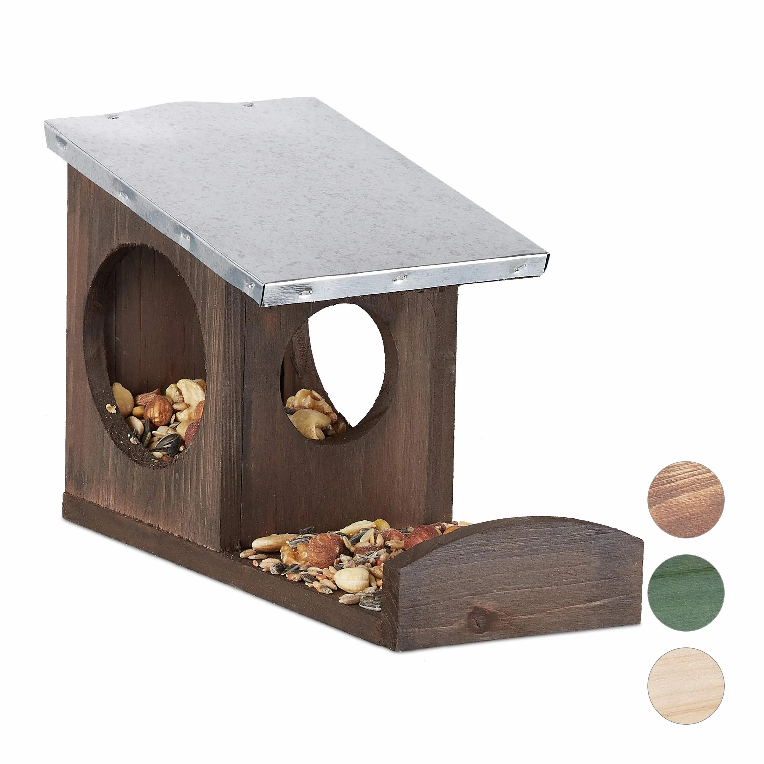 Relaxdays Mangeoire pour écureuils, Hotte en Bois, Toit métallique étanche, à accrocher, Jardin, Marron foncé