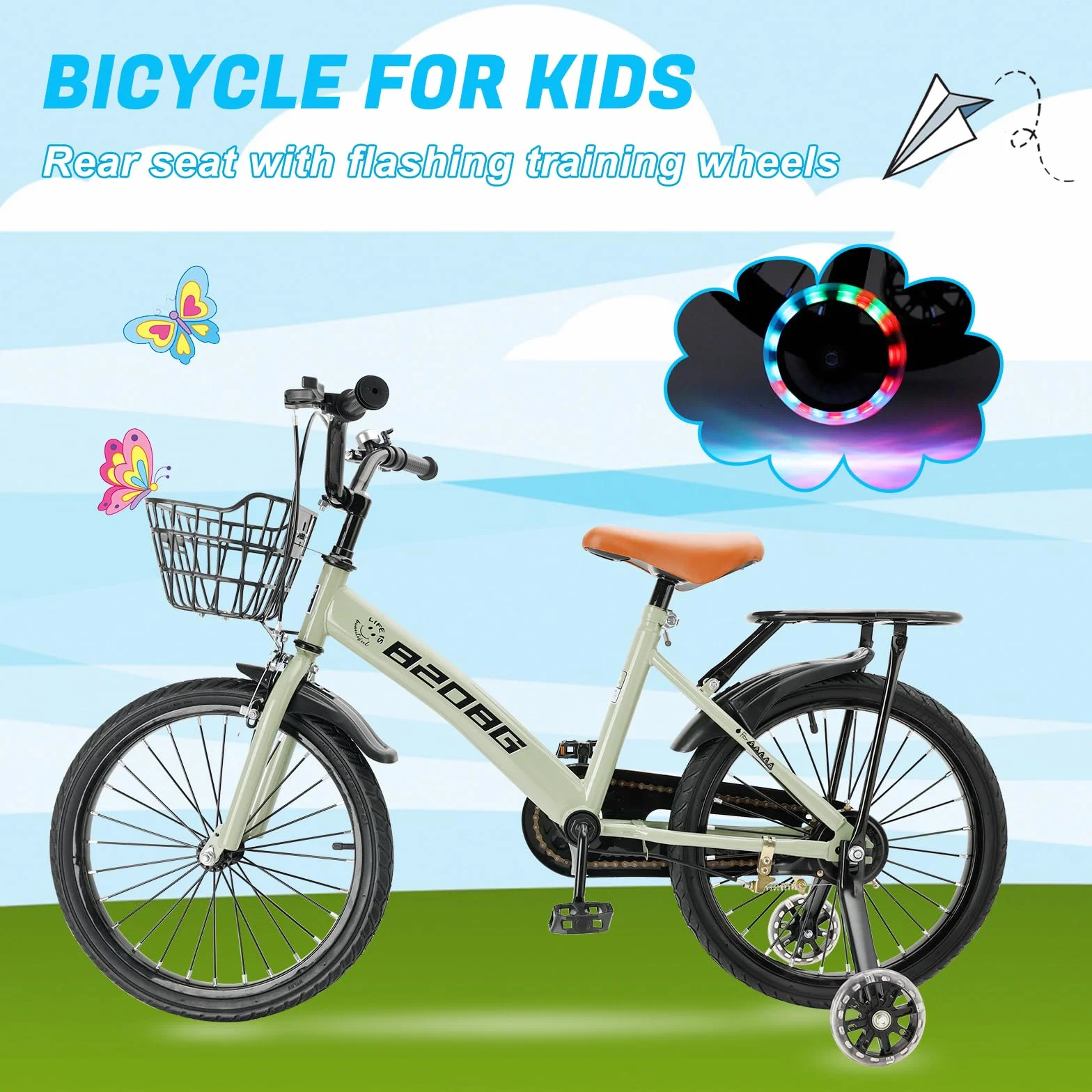 Vélo pour enfant de 18 pouces, cadre en acier au carbone de haute qualité, siège et guidon réglables, double freins, moyeux intégrés, panier amovible, roues stabilisatrices, selle confortable, vélo