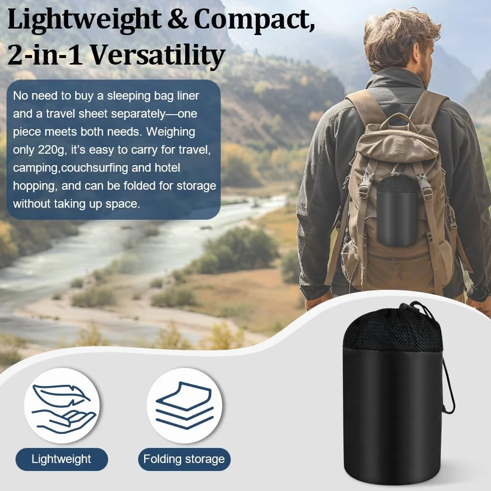 Aolso Drap de Sac de Couchage, 220x90cm Sac de Couchage de Voyage Ultra Léger, Microfibre Sleeping Bag Sheet, Backpacker's Journey Drap, pour Voyage Camping Randonnée Auberges Hôtel Train