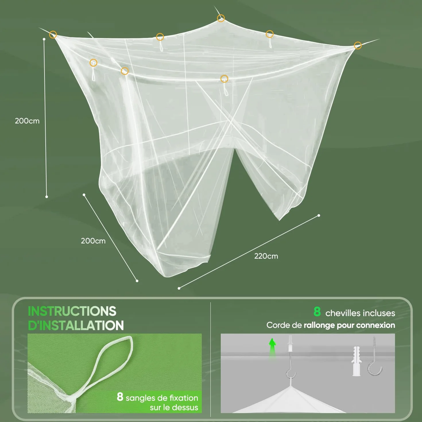 Sekey Moustiquaire pour Lits Simples/Doubles | Écran de Protection Anti-Insectes | Kit de Suspension Complet | Système d'installation Rapide et Facile (220x200x200cm-lit Double-Doubles Ouvertures)