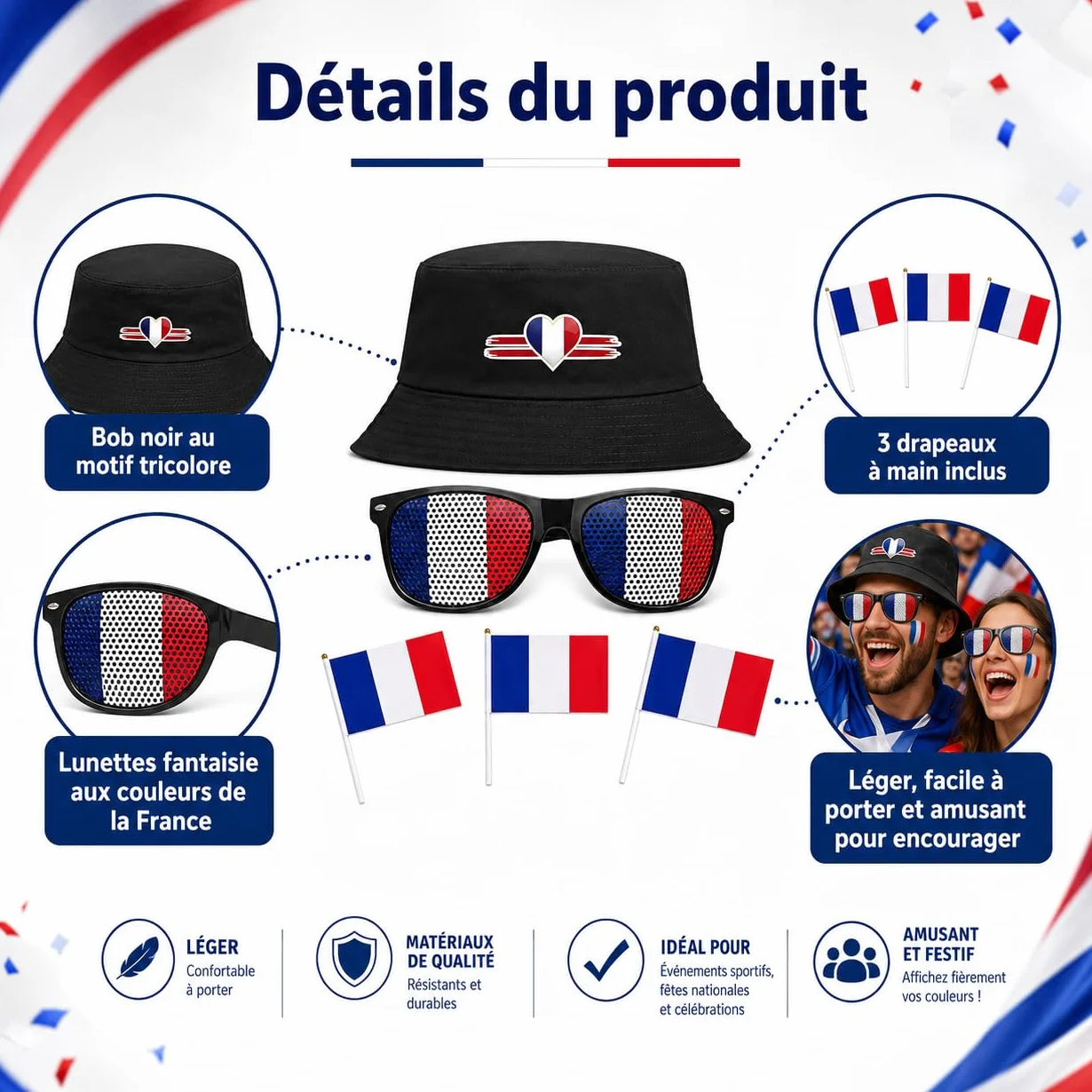 Superbe Kit Supporter France Et Deco Coupe Du Monde 2026. Accessoires Avec Lunettes, Drapeaux Et Chapeau. Idéal Pour Encourager L'Équipe Lors Des Soirées Foot Entre Amis
