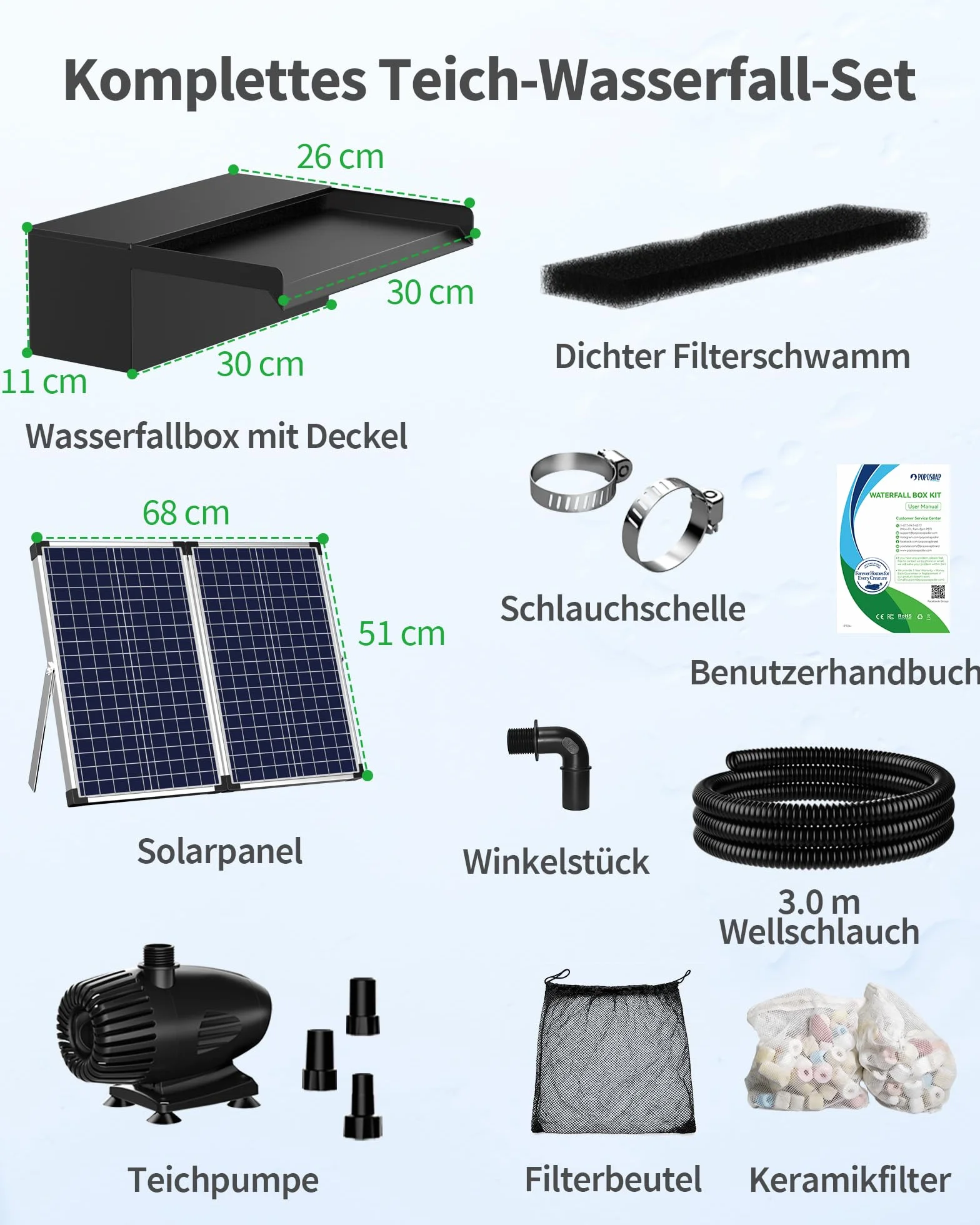 POPOSOAP Cascade de Bassin Solaire 70W, Bac Acier Inoxydable 30cm, Pompe 2500 L/h, Tuyau 3m