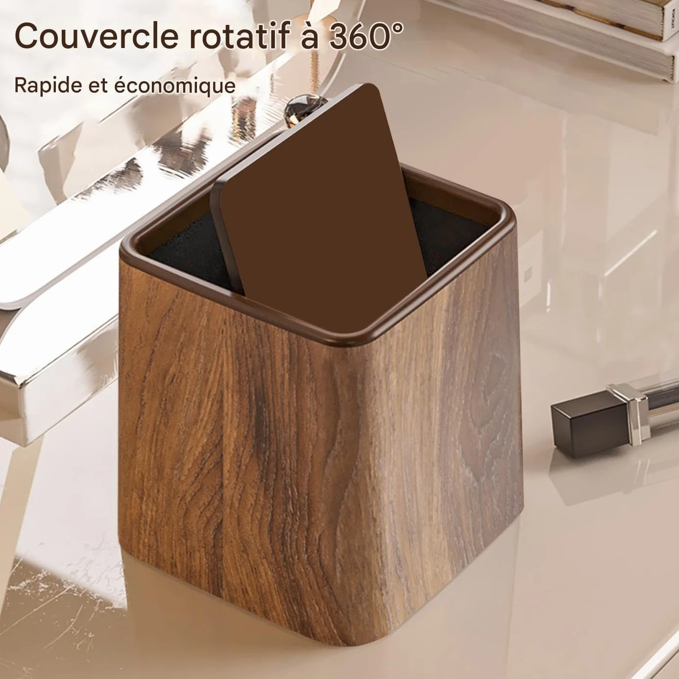 Poubelle De Bureau Avec Couvercle Imitation Bois 14.7x14.7x15.3cm Corbeille Recyclage Rétro
