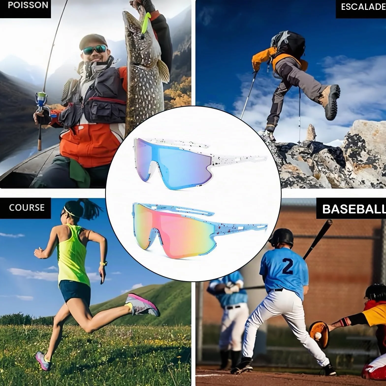 2PCS Soleil de Sport de Plein Air Lunettes Lunettes Velo Lunette de Cyclisme Polarisées Unisexes Coupe-Vent Et Anti-Sable Adapté à des activités telles que la course à pied cyclisme sur route et pêche