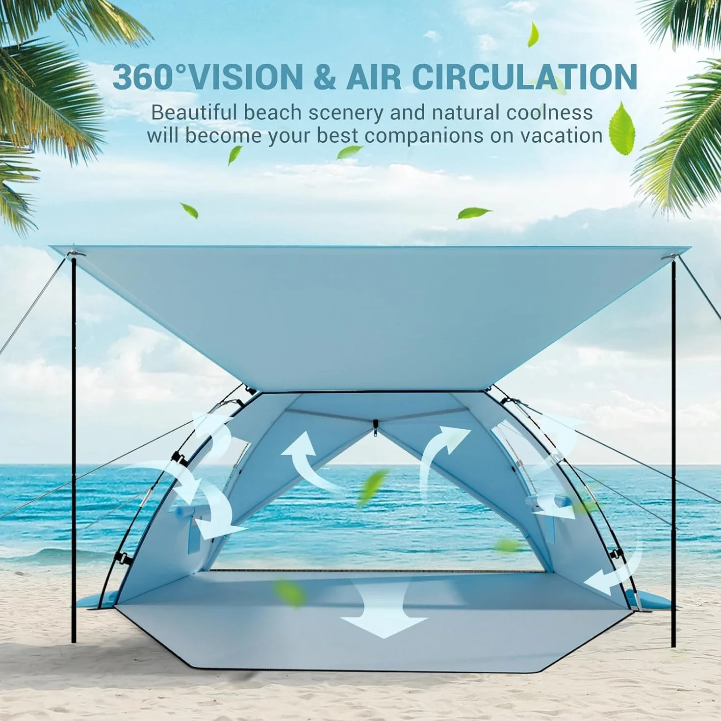 Elegear Tente de Plage Anti UV UPF 50+, Tente de Camping Famille avec Auvent pour 6-7 Personnes Ultralight Portable Abri de Plage avec Sac de Transport pour Extérieure Parc Pêche, 260*165*150CM, Bleu