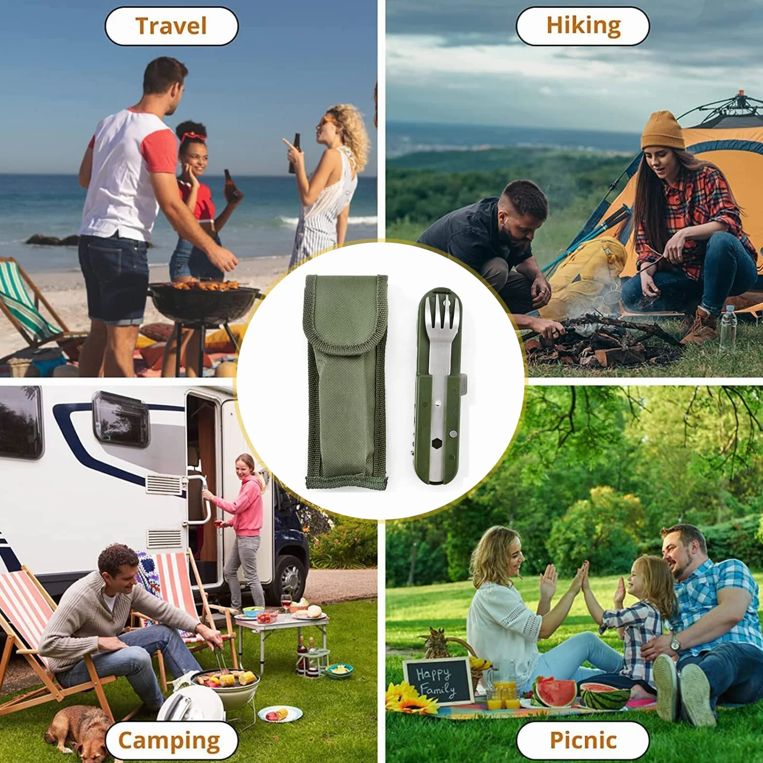 Vaisselle Pliante en Acier Inoxydable 5 en 1, Couvert Camping Multifonction