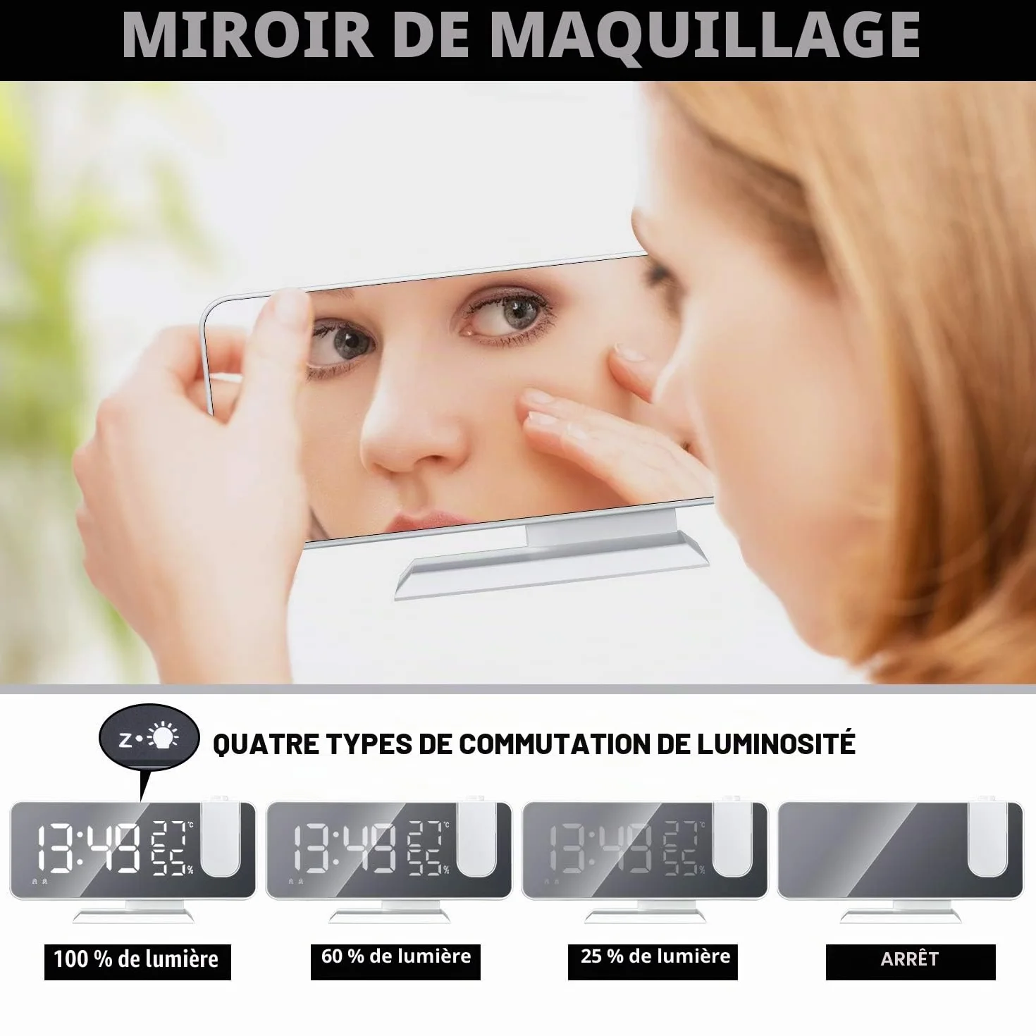 Réveil à Projection 180° Plafond Horloge Numérique Électrique Fonction Snooze 12/24H Volume Réglable Blanc
