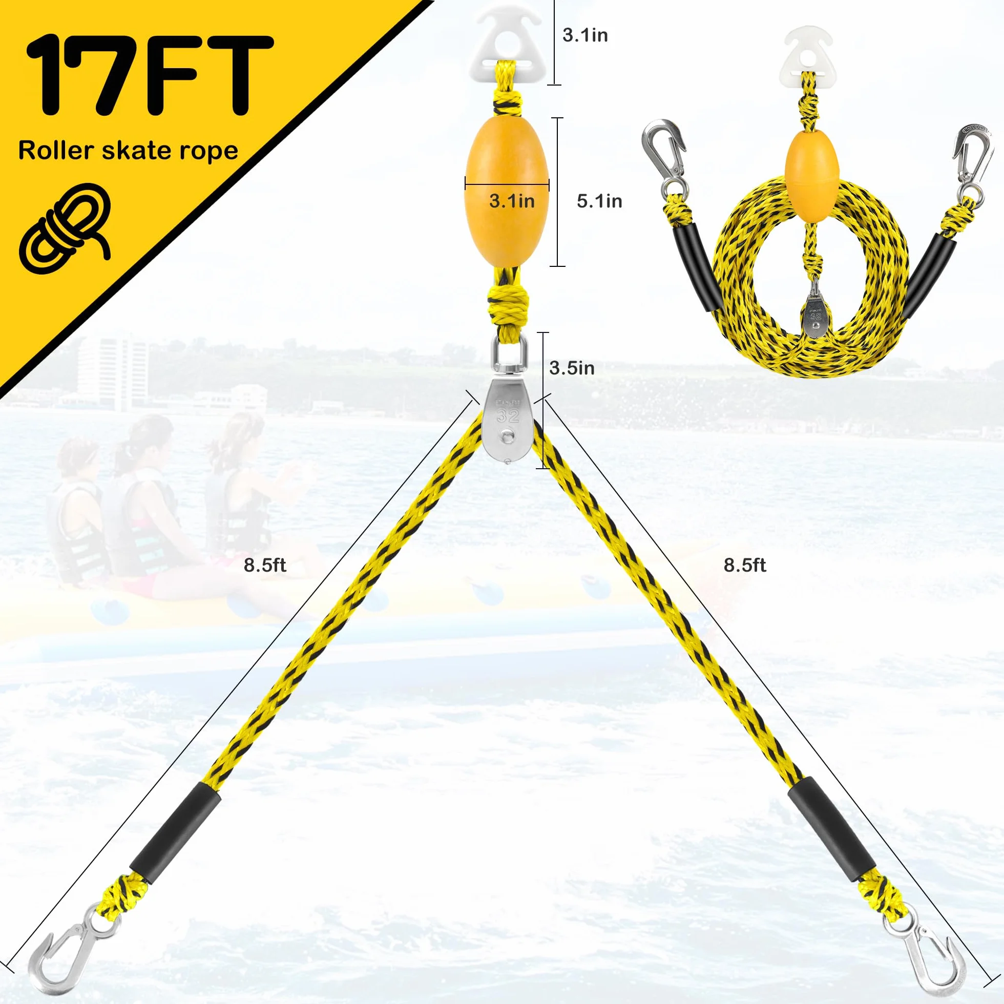 Harnais de Traction pour Bateau pour tubing, capacité de 5000lbs, poulie pivotante à 360°, Design Flottant, Crochets en Acier Inoxydable 304 (1,1 po), 17ft et 24ft