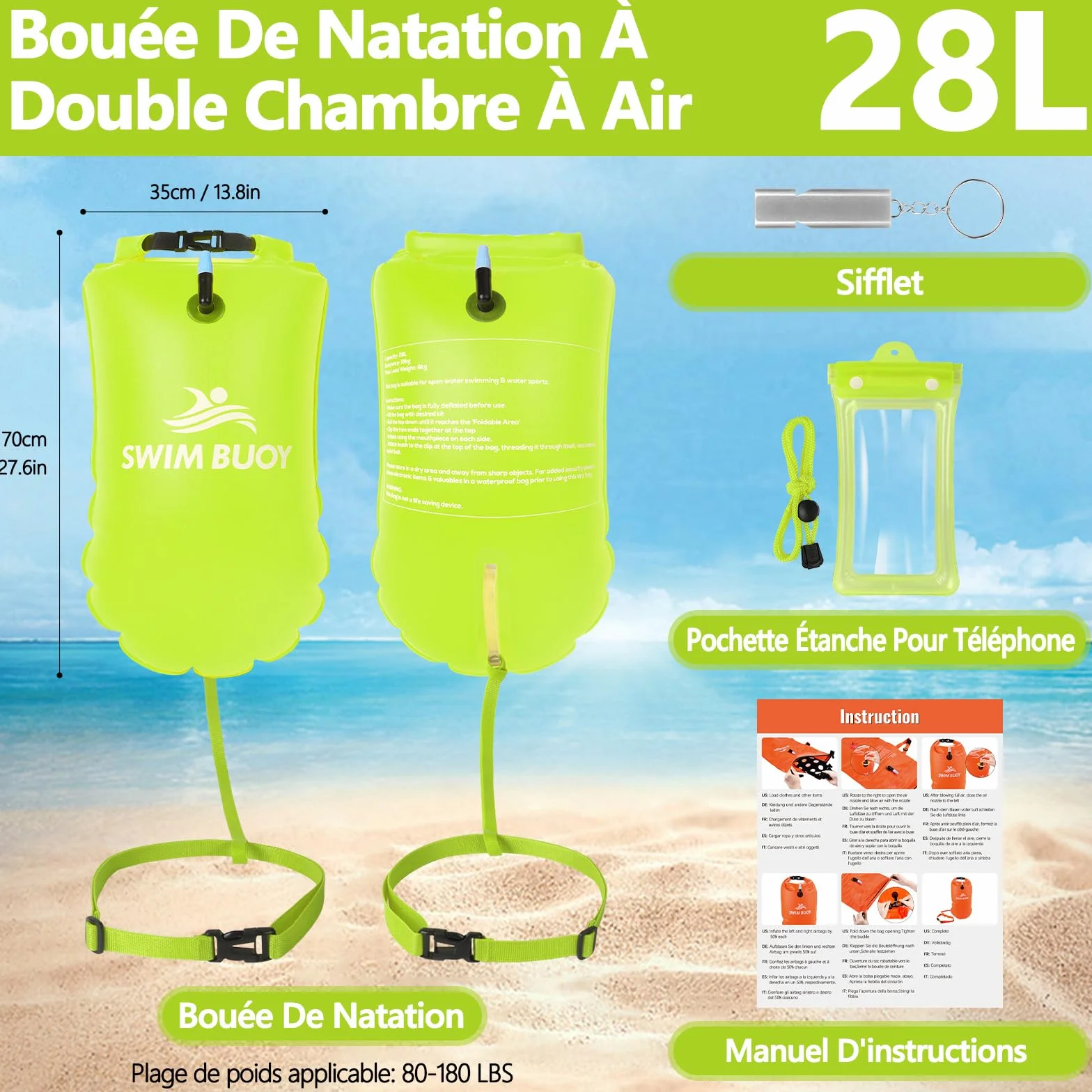 JONRRYIN Bouée de natation 28 l, sac étanche et flottant, gonflable, appareil de sécurité pour la natation en eau libre, idéale pour les triathlons et les surfeurs