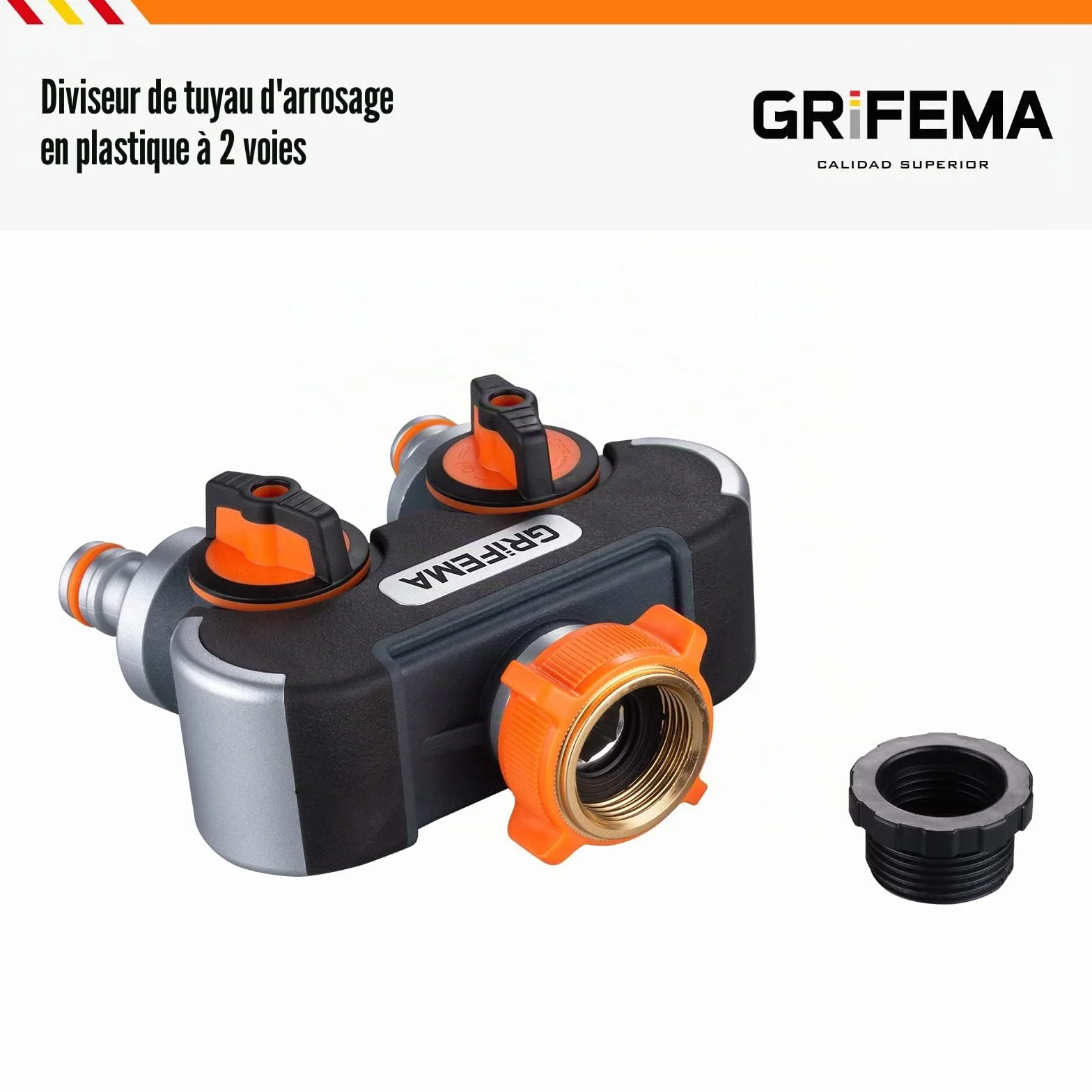 GRIFEMA GE1401-2 Distributeur Arrosage 2 Voies Diviseur de Tuyau avec Interrupteur de Commande Orange/Noir