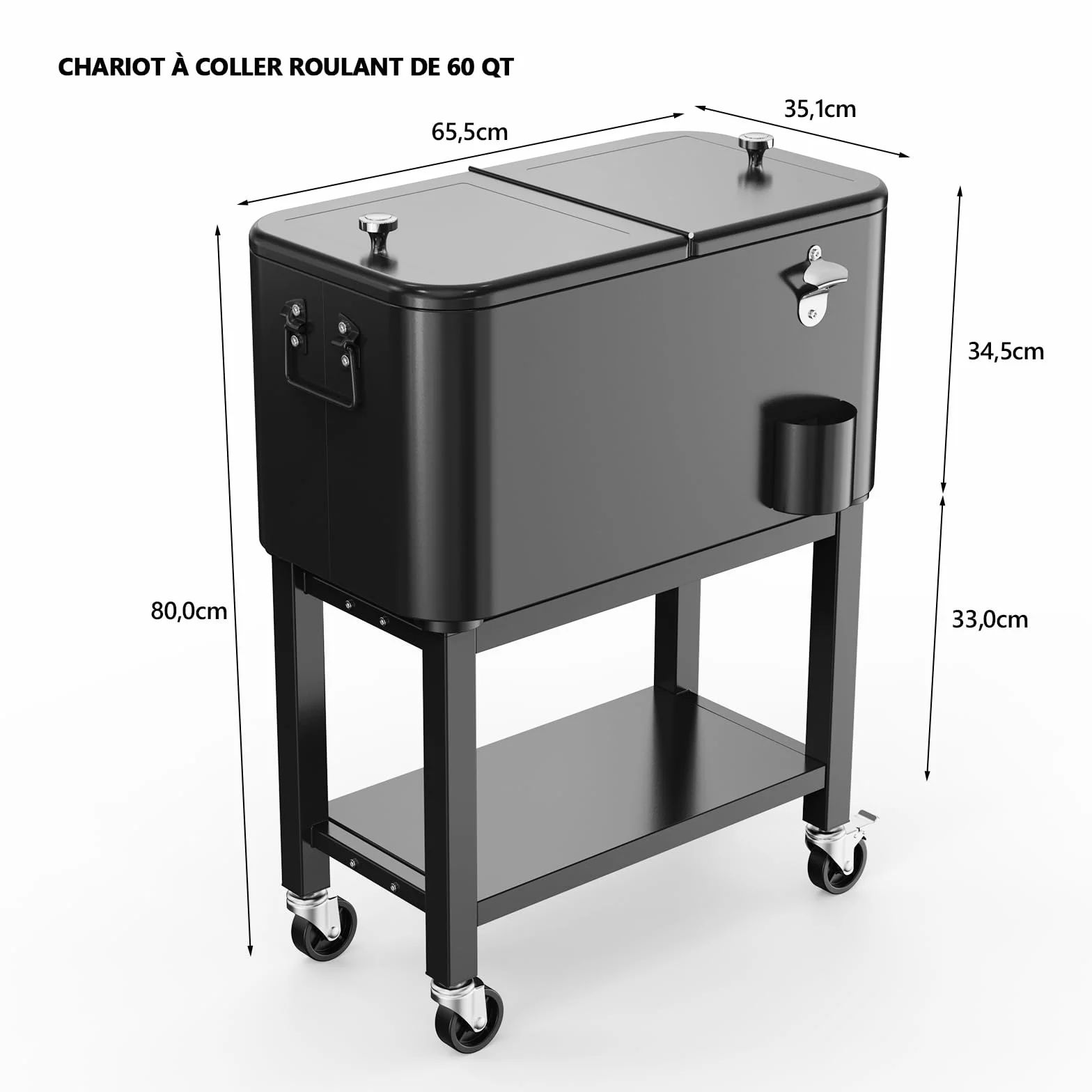 Bonnlo Glacière à roulettes 76 L Frigo Camping Jardin Chariot Frigorifique Ouvre-Bouteille Attrappe-Capsule