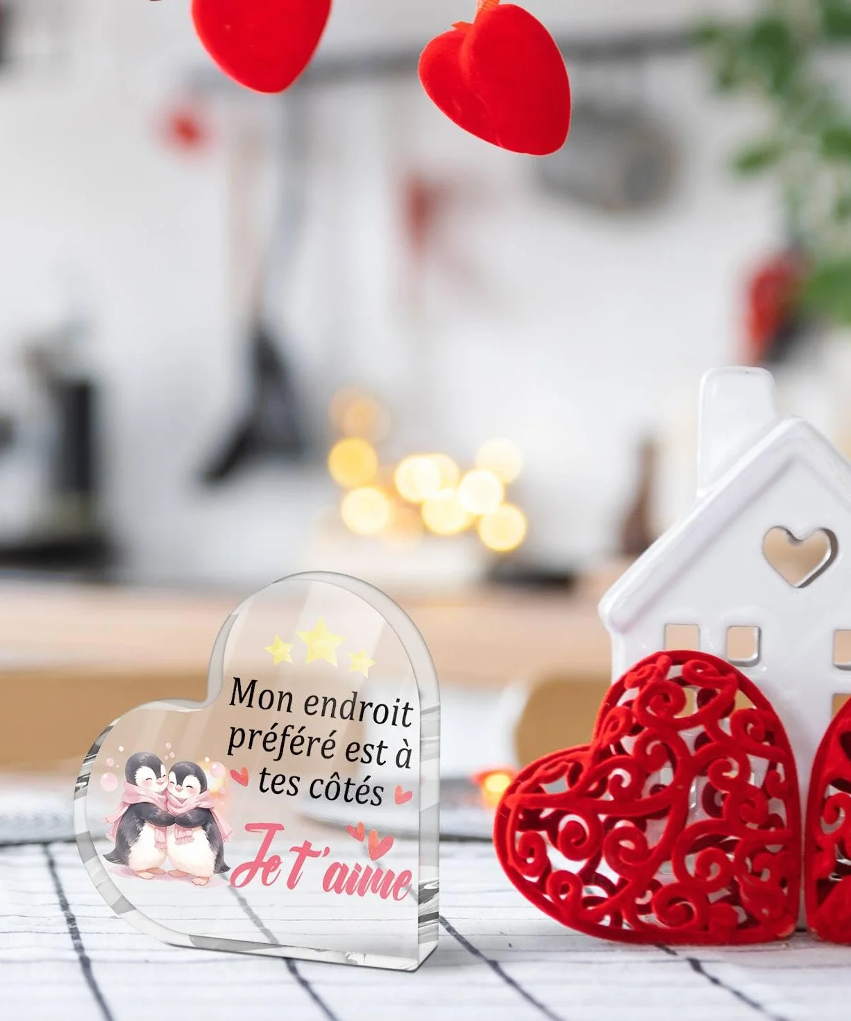 Panneau Acrylique Cœur Pingouins Je T’aime Décoration Cadeau Couple Saint-Valentin