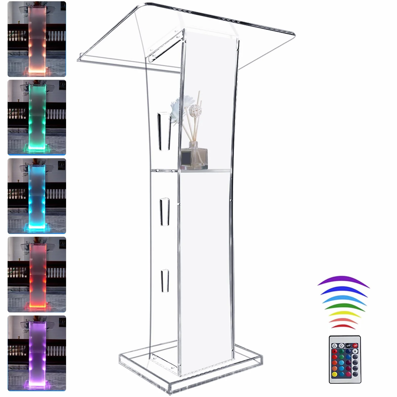 Afitdon Podium en acrylique transparent avec étagère et lumière LED 15 couleurs pour église conférence mariage