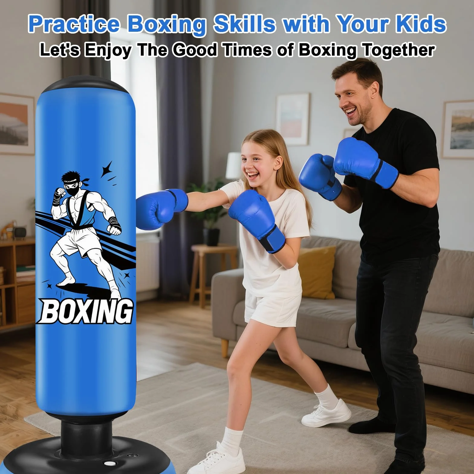 Sac de Boxe pour Enfants, avec Gants de Boxe, 168cm Gonflable Sac de Frappe Enfant Pratique du Karaté, Taekwondo, Cadeaux pour GarçOns et Filles