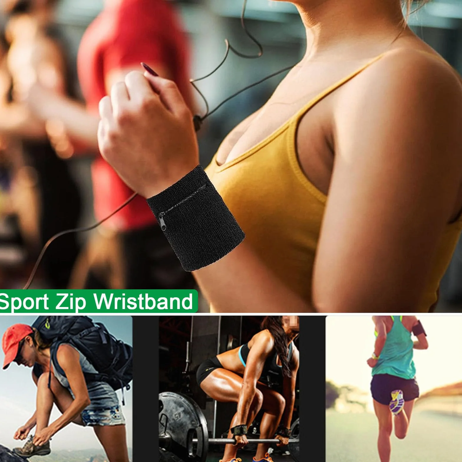Bracelet de Sport à Glissière 4 pièces Sac à Poignets avec Bandeau de Transpiration pour Course Jogging Noir