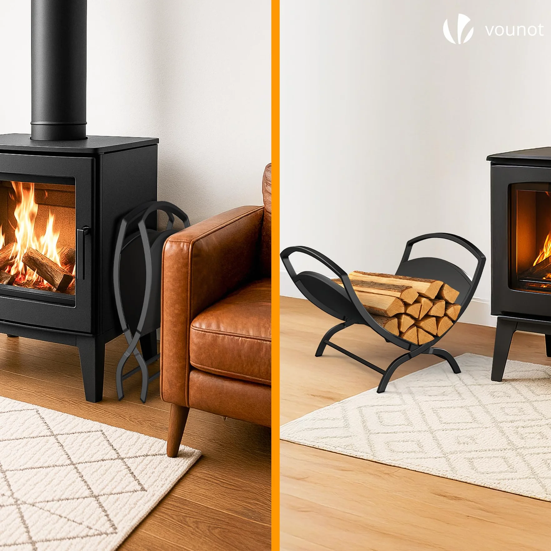Vounot Range Bûche en Métal 40.5x32x33cm Noir Porte Bûche pour Cheminée Intérieur Extérieur