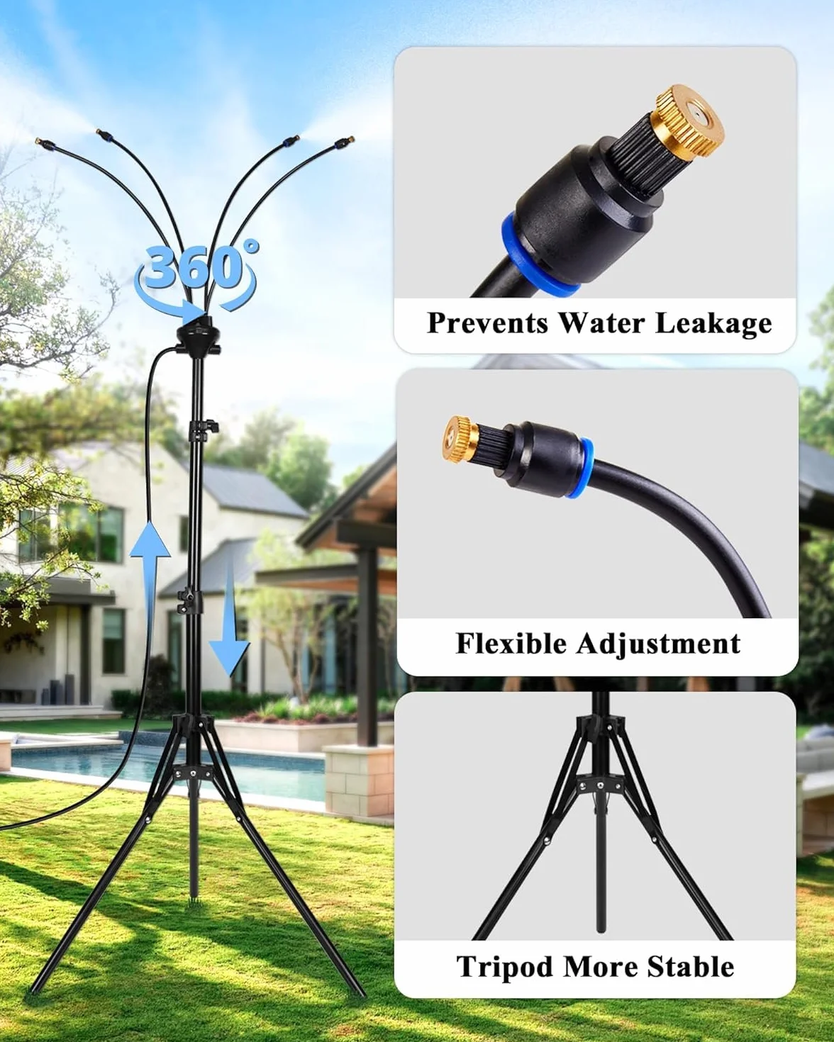Brumisateur Extérieur Trépied Stable Hauteur Réglable 103-160cm Tuyau 8m Système Rafraîchissement Terrasse Jardin