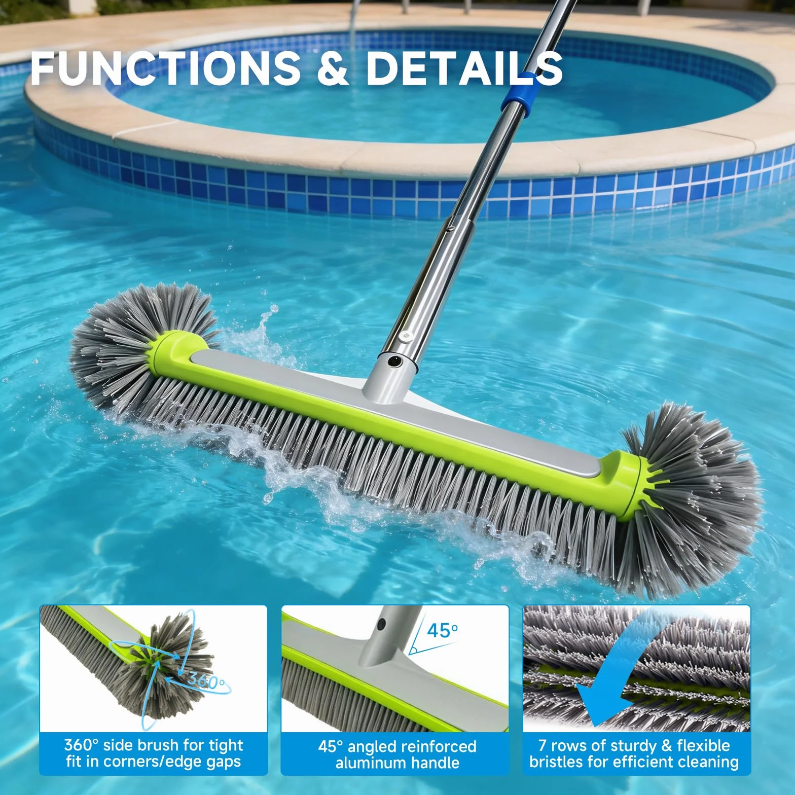 Balai Piscine 160CM Brosse Ultra Large 43CM avec Chiffon Nettoyage Outil Nettoyage pour Piscine Spa