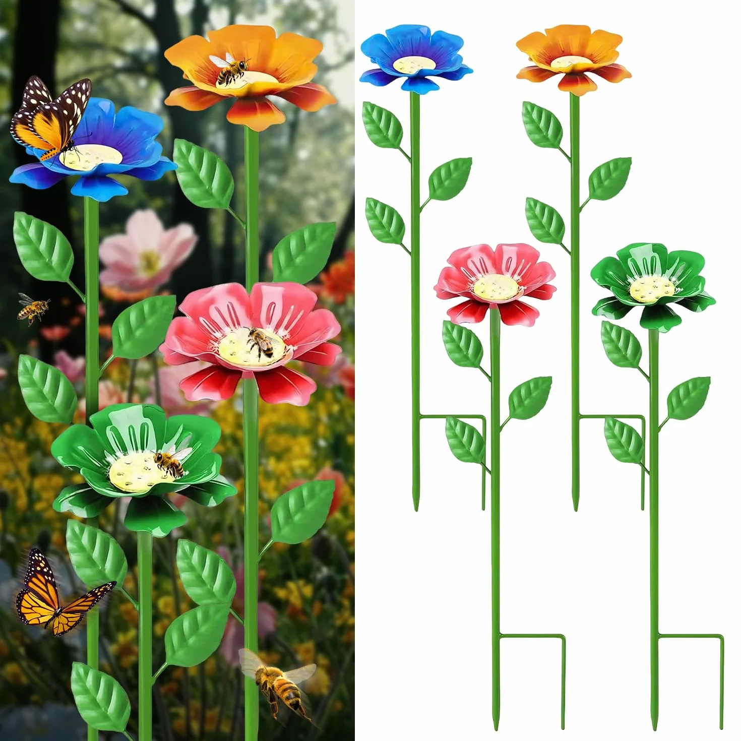 Lot de 4 Abreuvoir à Abeilles Métal – Abreuvoir à Insectes Hauteur Réglable, Station d'eau Design Fleur pour Jardin, 63cm