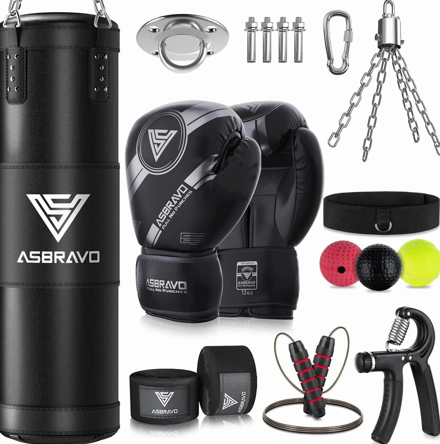 Sac de Frappe Adultes 120 cm Lourd - Kit avec Gants de Boxe 12 oz et Bandes de Main 5 m - pour Entraînement MMA, Karaté, Taekwondo, à Domicile ou en Salle de Sport - Non Rempli