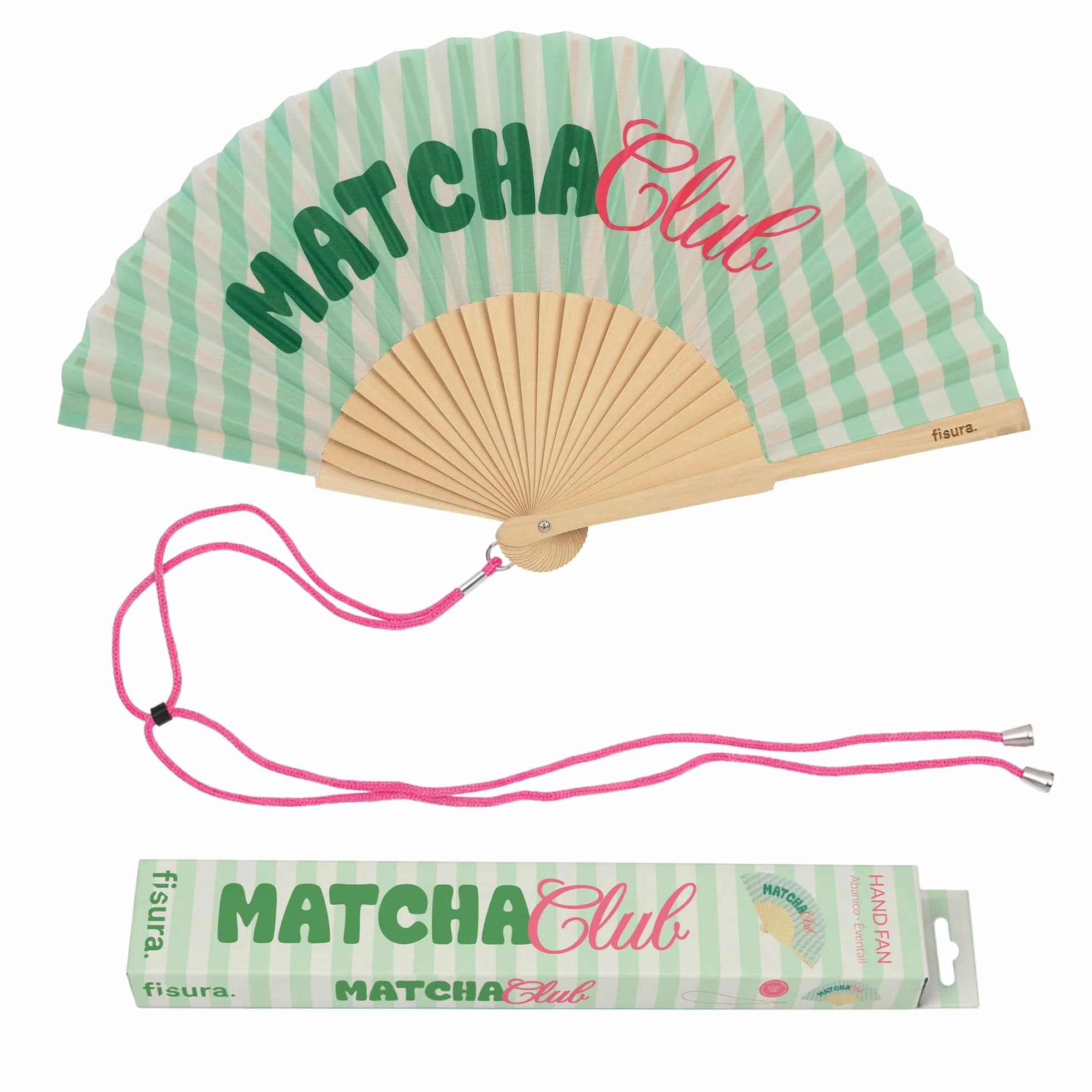 Éventail en Bois Matcha Club Vert à Rayures 42,5 x 23 cm avec Dragonne