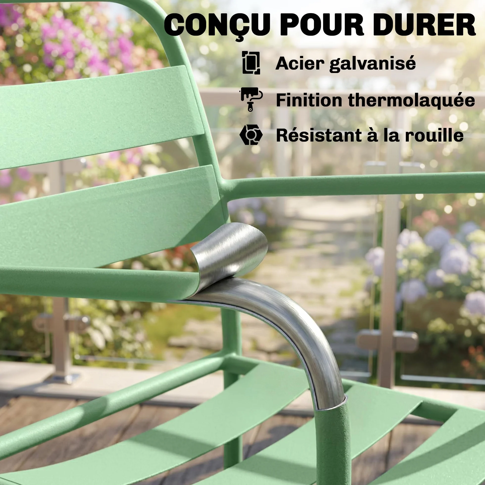 Outsunny Ensemble Bistrot de Jardin 3 Pièces - Table Basse en Verre Trempé et 2 Chaises à Lattes, Acier Galvanisé Antirouille - Mobilier de Jardin Chic, Vert