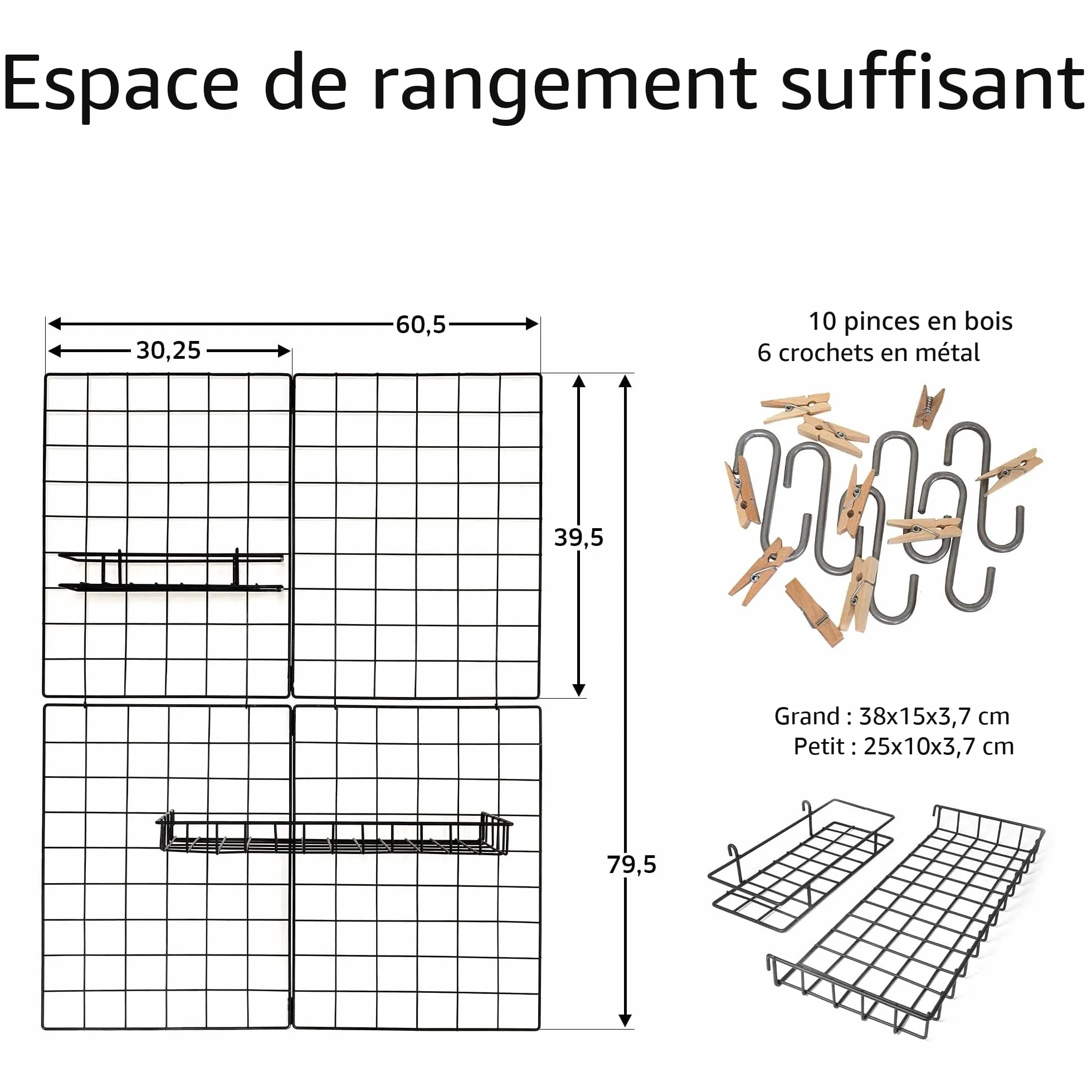 Gadgy Set de 2 Grilles Murales Métal Noir 60,5 x 79,5 cm - Organisateur Mural pour Bureau