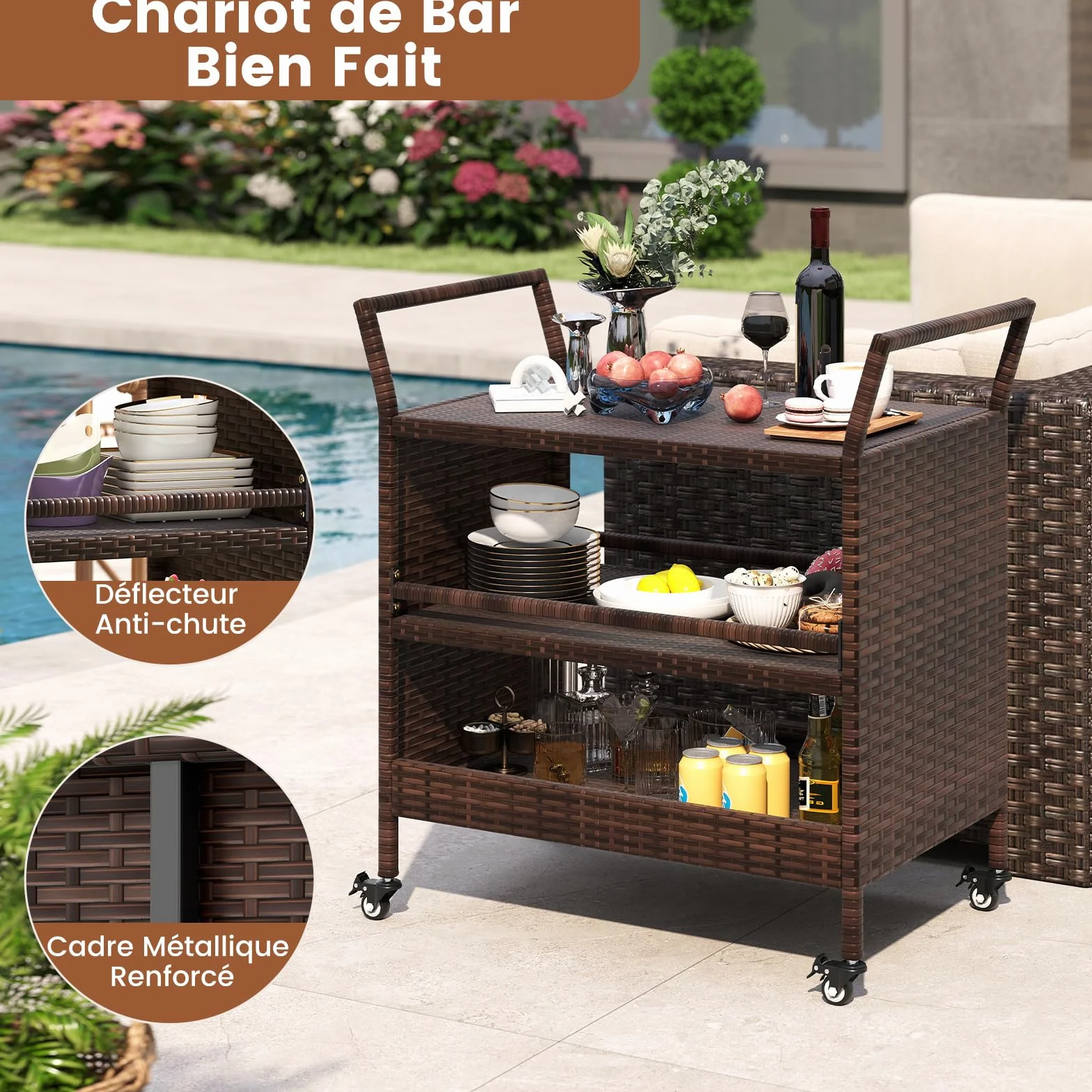 COSTWAY Chariot de Bar Extérieur, Chariot à roulettes en Rotin 3 Niveaux, Table de Service sur Roues pour Jardin