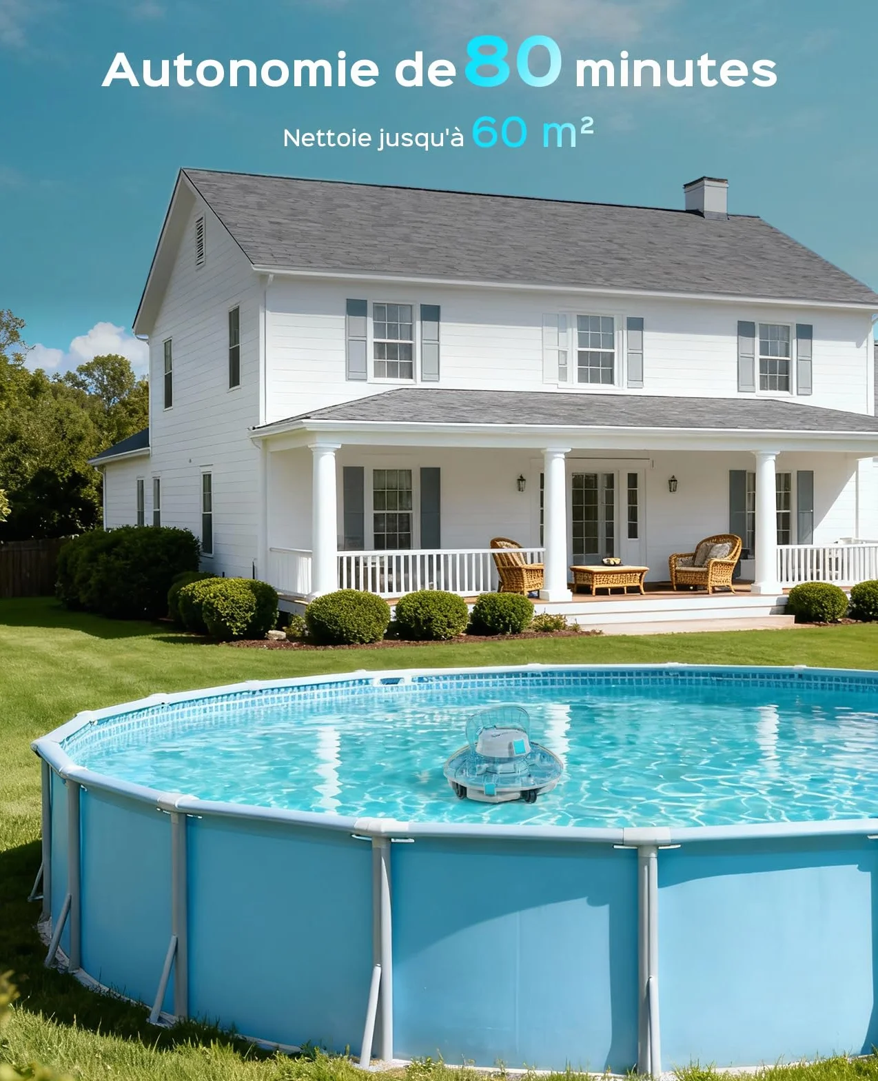 Winny 200 Robot Piscine Aspirateur sans Fil Batterie 75 Min Piscines Hors-Sol 60m² Double Filtration