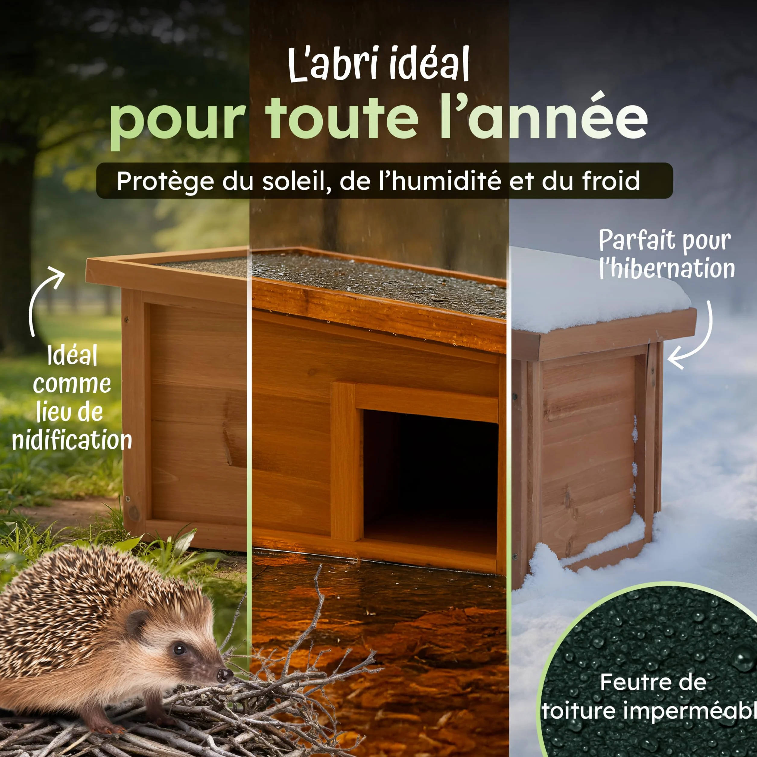 Moorland Cabane pour Hérissons en Bois FSC 40×34 cm – Maison Herisson Extérieur avec Toit Étanche & Amovible, Entrée Labyrinthe Ventilée – Modèle IH1