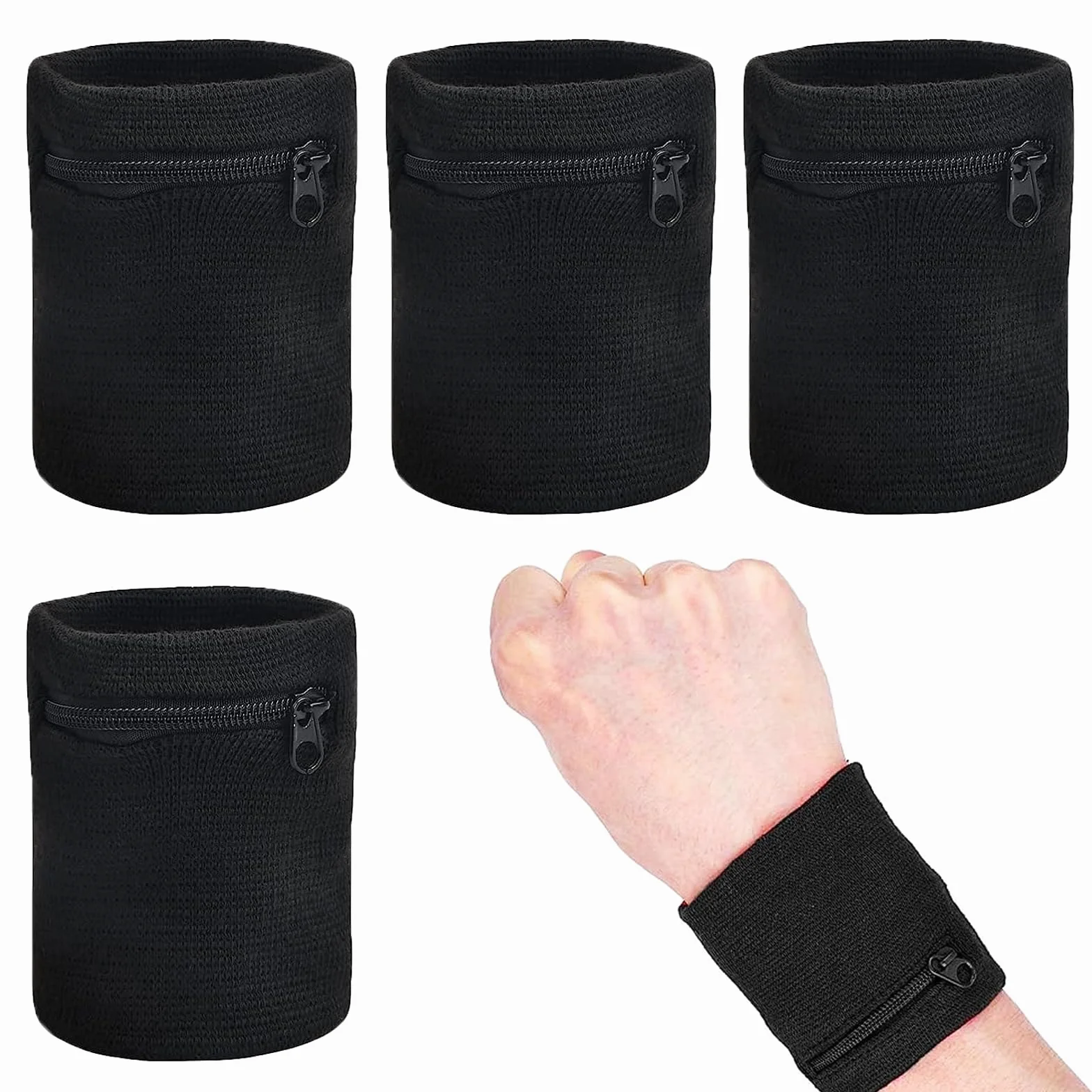Bracelet de Sport à Glissière 4 pièces Sac à Poignets avec Bandeau de Transpiration pour Course Jogging Noir