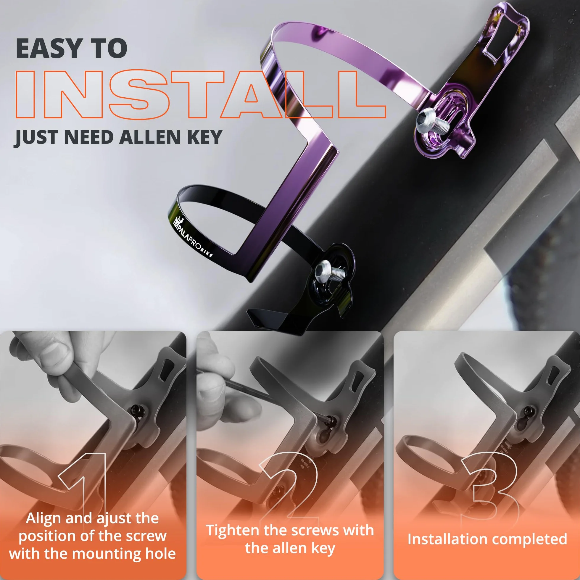 IMPALAPRO Porte Bidon Vélo Latéral VTT et Vélo Route Ultraléger 34 g – Porte Gourde Vélo Latéral en Aluminium Electroplated avec Couleurs Dégradées – Support Bouteille Ø72–76 mm (Violet 1pc)