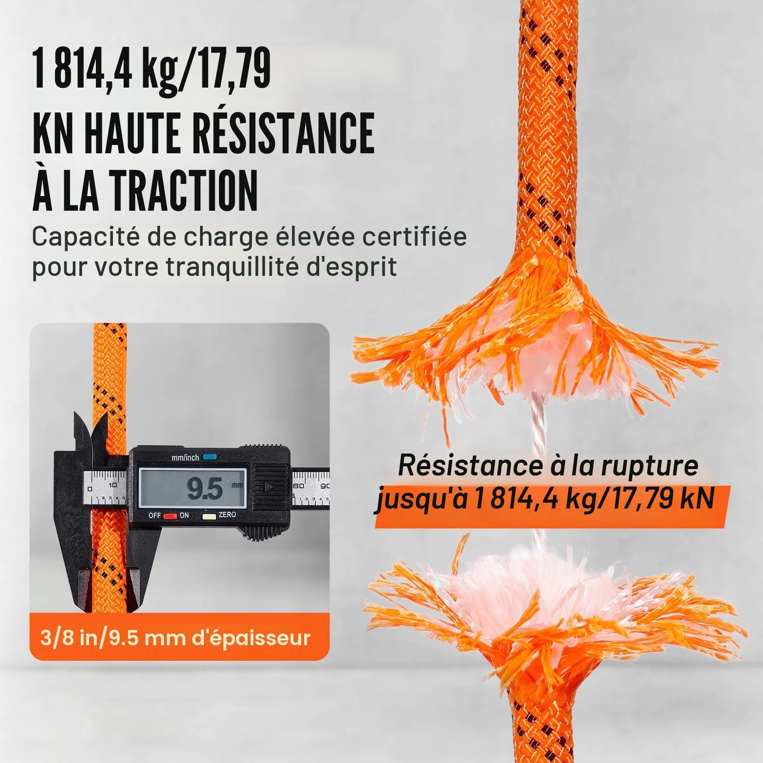 VEVOR Corde en Polyester Double tressé 9,5 mm x 36,57 m 48 brins résistance à la Rupture 17,79 KN Orange Noir