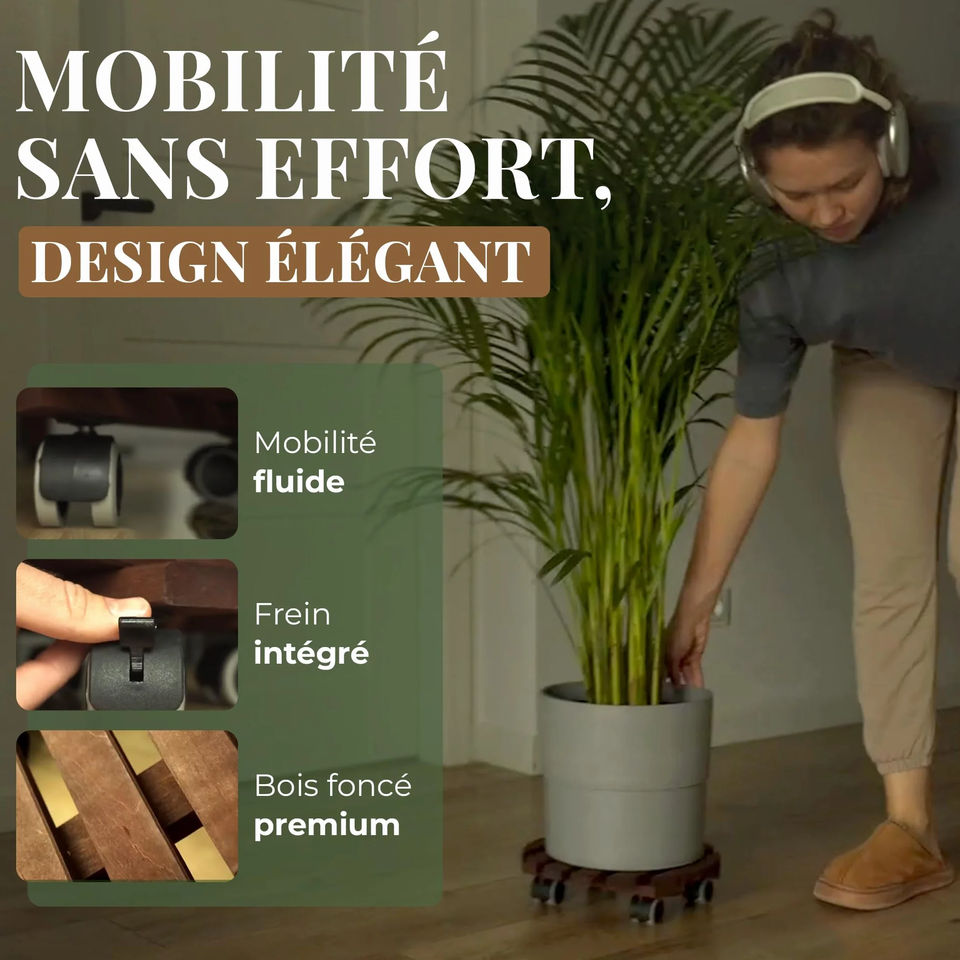 Porte Plante à Roulettes Ø 30 cm Lames Bois d'Aulne FSC 15,5 mm Roues 360° avec Frein Chariot Robuste 100 kg