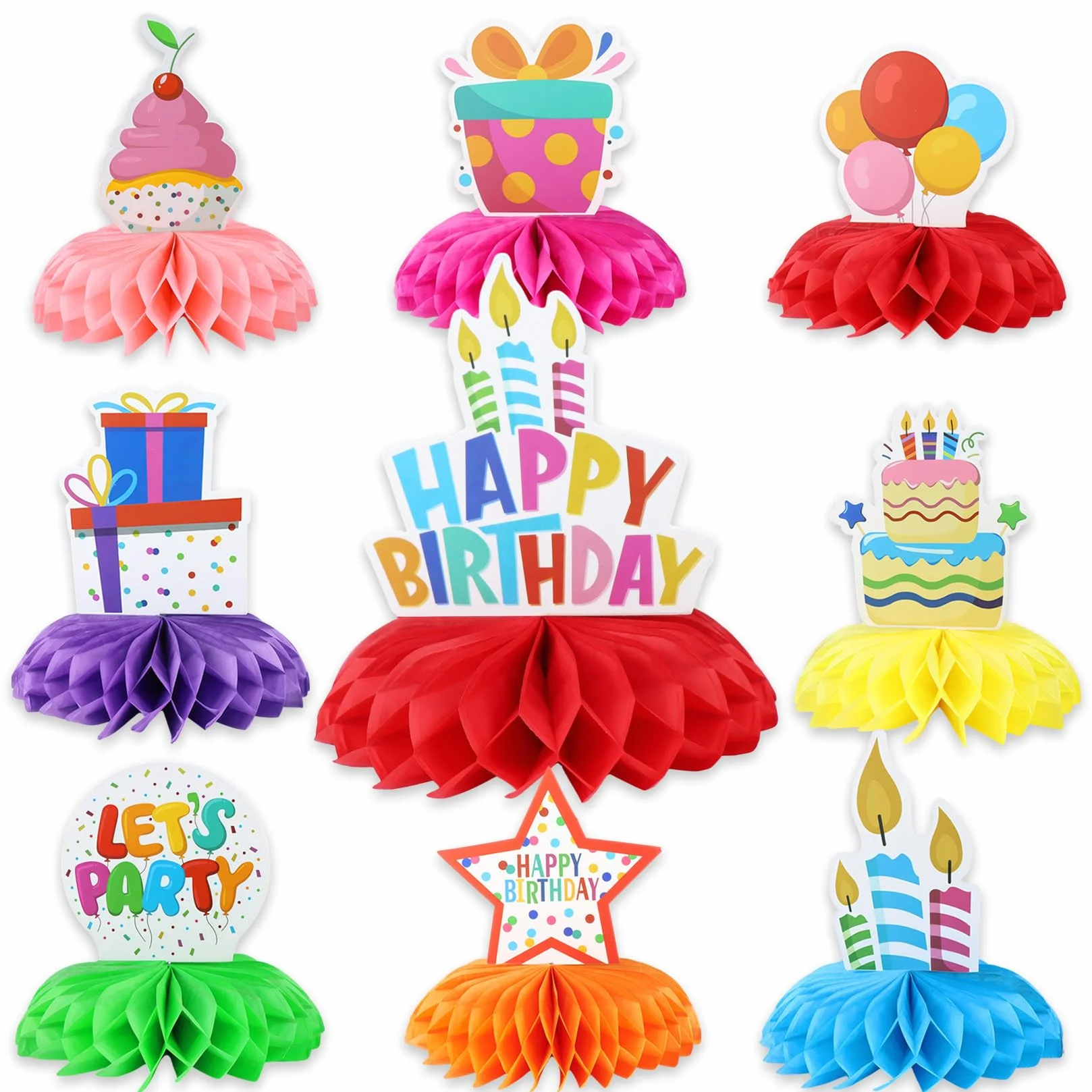 Déco Table Anniversaire Joyeux Anniversaire, Décoration Fête Colorée en Nid d'Abeille, Party Decor Set 9 Pièces