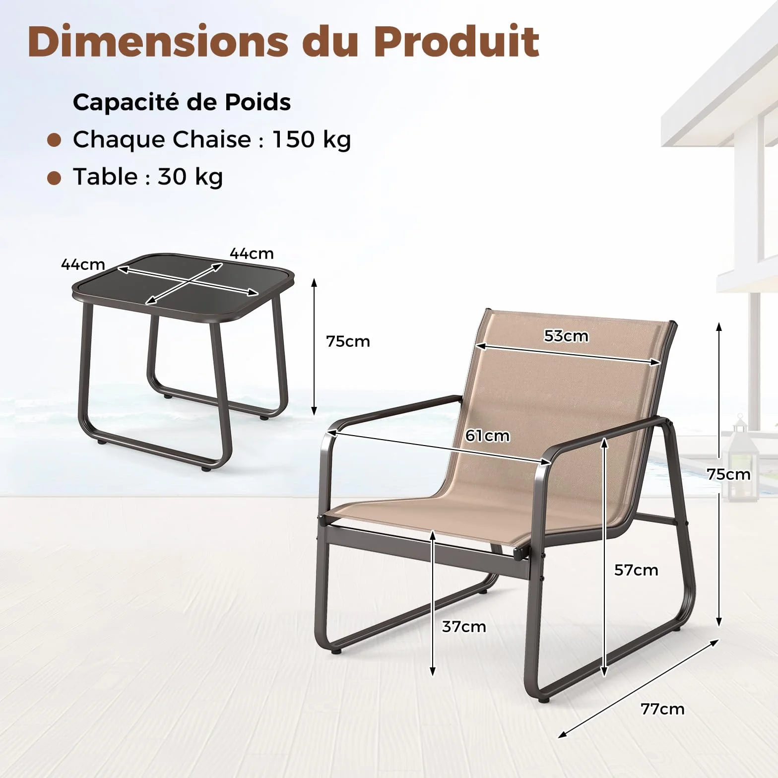 GOPLUS Salon de Jardin 2 Personnes, 3 Pièces Table Basse avec 2 Fauteuils, Cadre Métallique