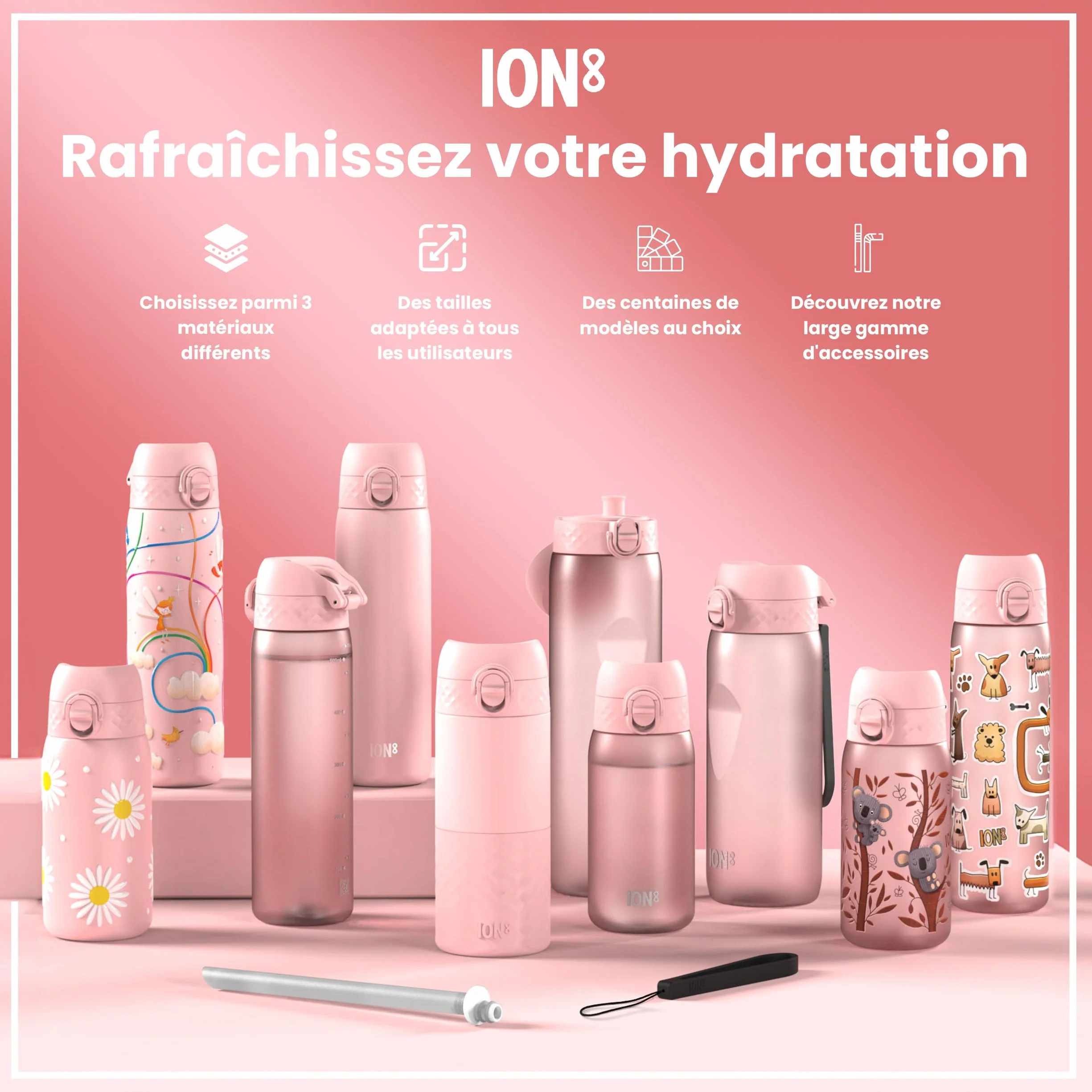 Ion8 Gourde Inox Léger, 600ml, Non Isolé, Anti-Fuite, Facile à Ouvrir, Verrouillage Sécurisé, Lavable au Lave-Vaisselle, Poignée de Transport, Durable, Acier Inoxydable, Rose Cendré