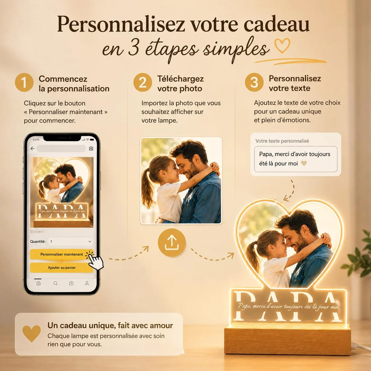 Plaque Personnalisée pour Papa – Lampe Photo Acrylique LED avec Cadre Photo, Cadeau Fête des Pères