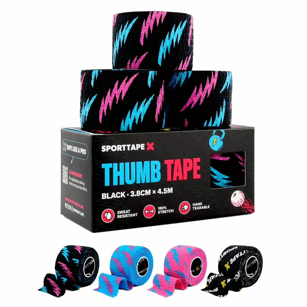 SPORTTAPE 3 rouleaux bande pouce haltérophilie | CrossFit, adhésif anti-transpirant | Facile à déchirer, prise forte | Pour grip crochet, OLY lifting, protection des doigts | 3,8 cm x 4,5 m