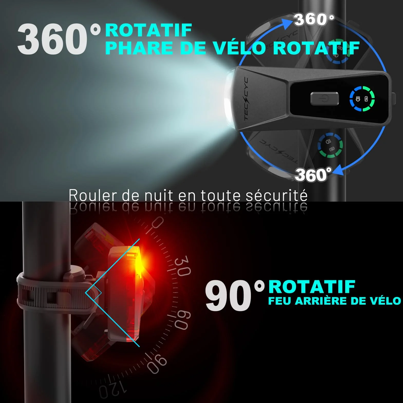 TECHCYC Lumière Vélo avec Capteur de Lumière, Éclairage Vélo Faisceau d'Inondation, 5+2 Modes de Luminosité Lampe Vélo LED Avant et Arrière, Rechargeable par USB, Étanche IPX6, Approuvé StVZO