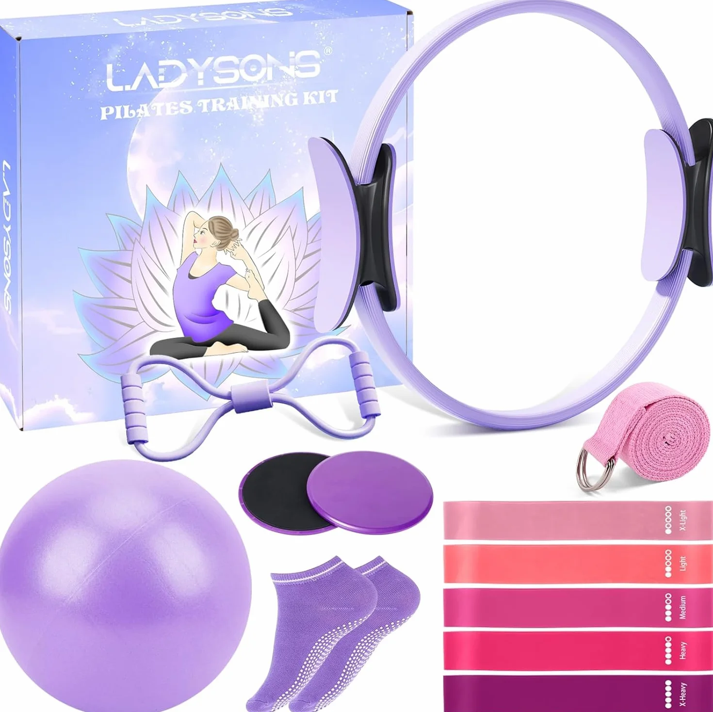 Ensemble de bagues Pilates Essential Kit avec Magic Circle 32 cm, Ball, Bänder, Sliding Disks & Training Poster pour fitness à la maison