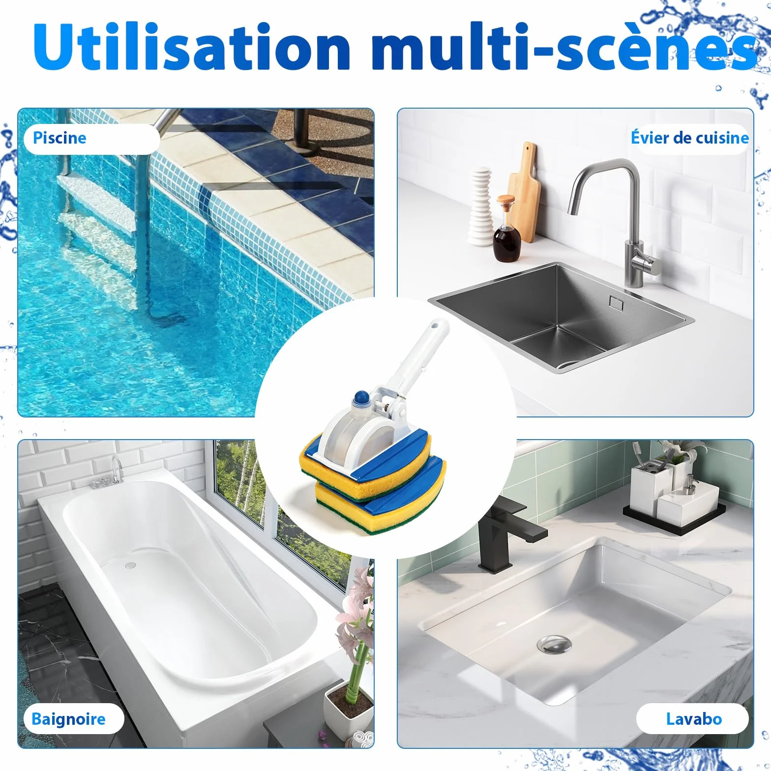 Brosse Éponge Piscine 25 cm Articulation 135° avec Éponge de Rechange et Réservoir Détergent