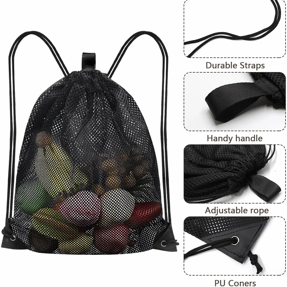 Grand Sac Filet en Nylon Sac de Plage en Maille Filet avec Cordon de Serrage Sac en Maille Sac à Dos en Maille pour Shopping, Natation, Fitness, Plage